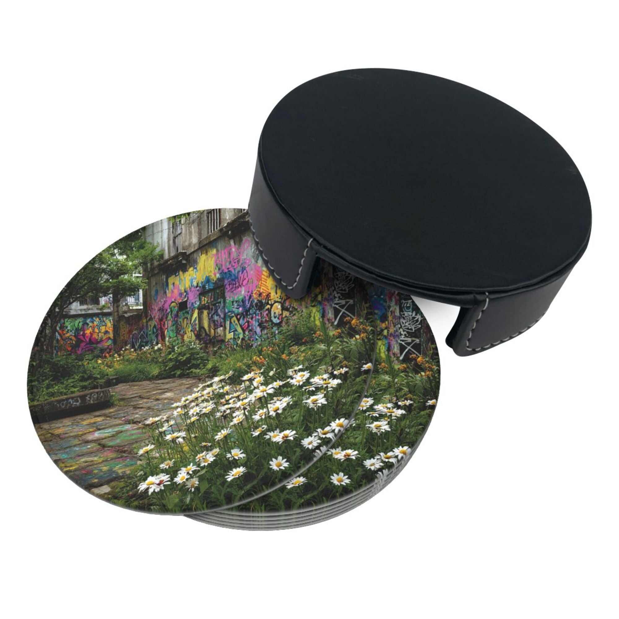 Round Leather Coaster Set of 6 with Street Graffiti and Daisy Scenery Design - Includes Storage Base, Heat - Insulation and Anti - Slip Coasters (Diameter 3.9in/10cm)