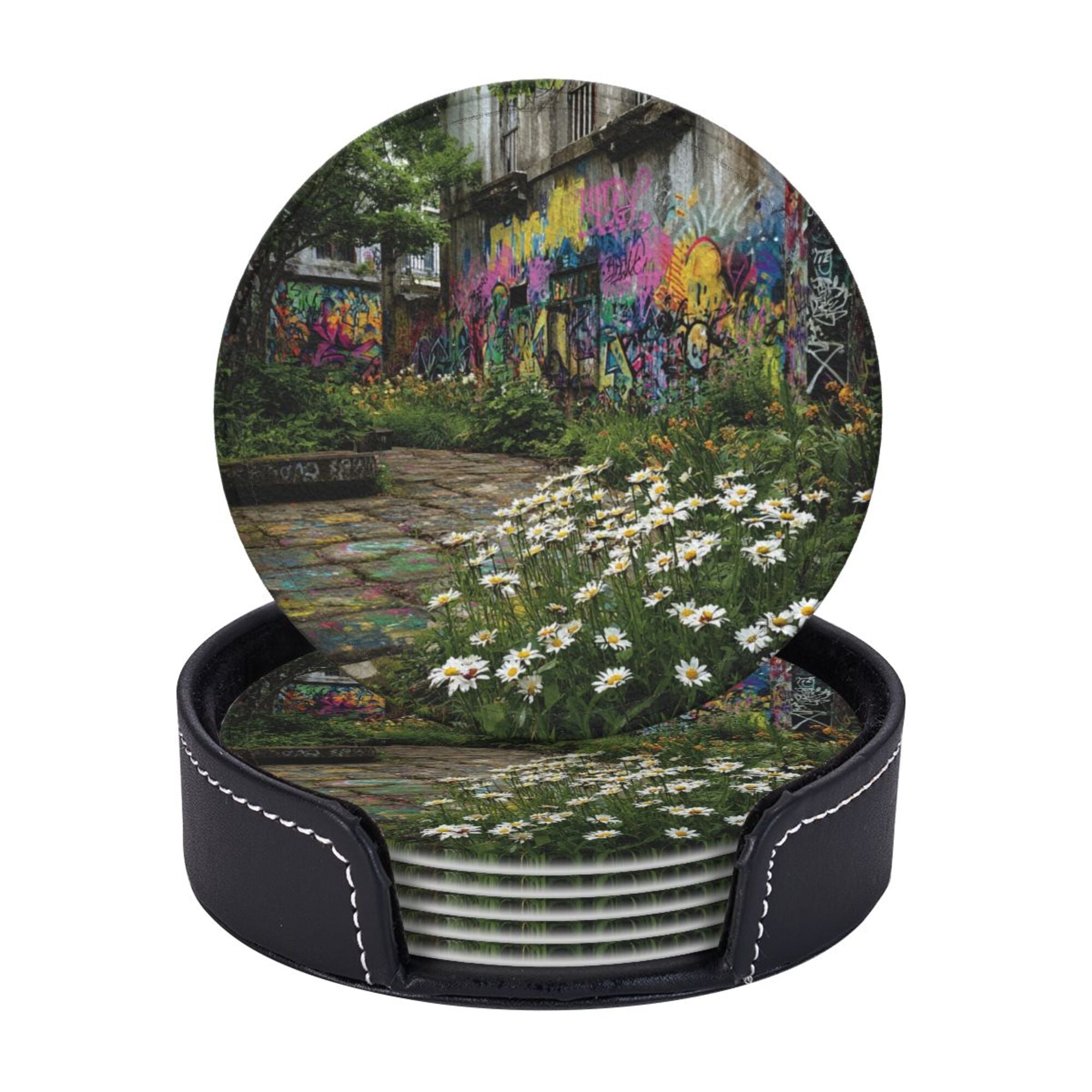 Round Leather Coaster Set of 6 with Street Graffiti and Daisy Scenery Design - Includes Storage Base, Heat - Insulation and Anti - Slip Coasters (Diameter 3.9in/10cm)