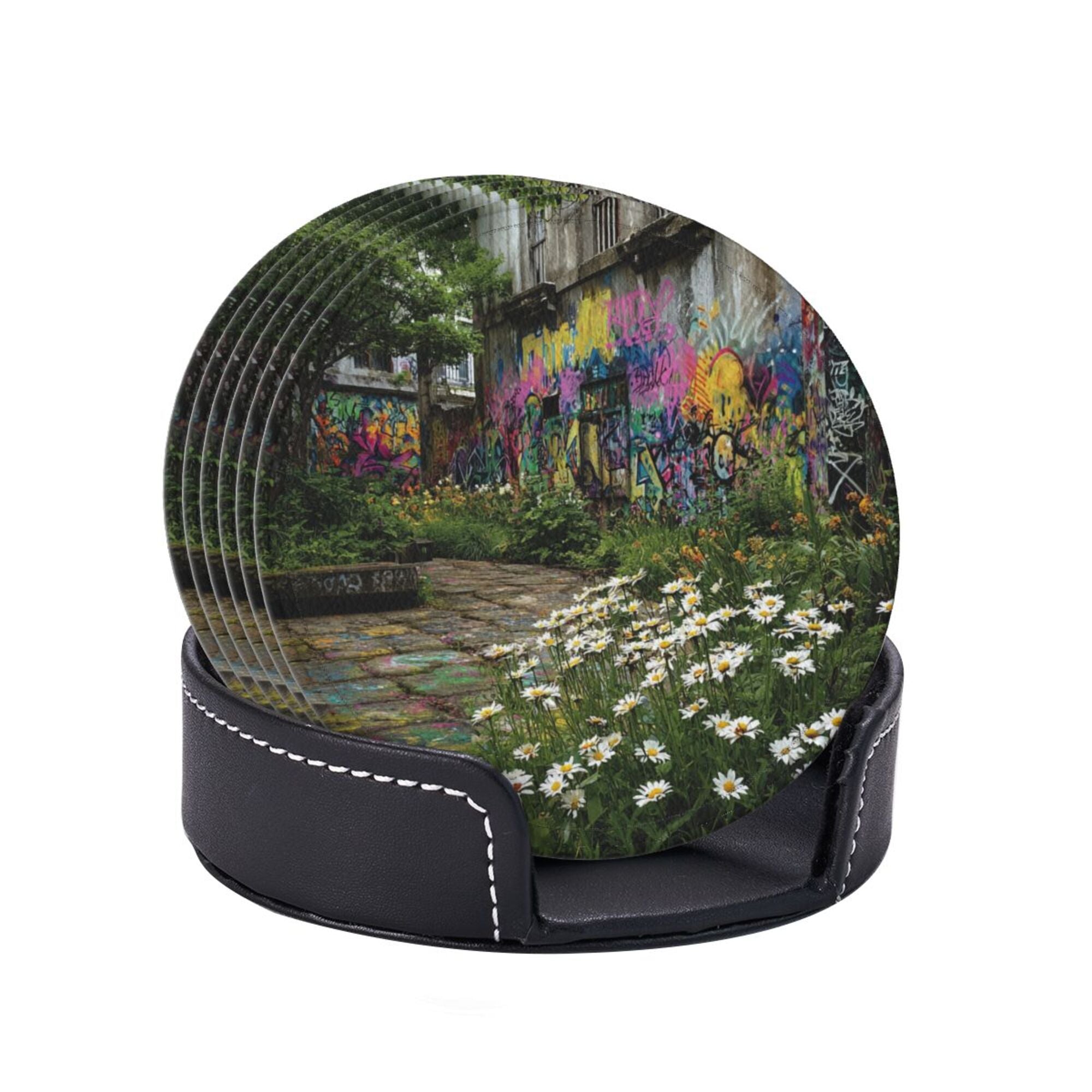 Round Leather Coaster Set of 6 with Street Graffiti and Daisy Scenery Design - Includes Storage Base, Heat - Insulation and Anti - Slip Coasters (Diameter 3.9in/10cm)