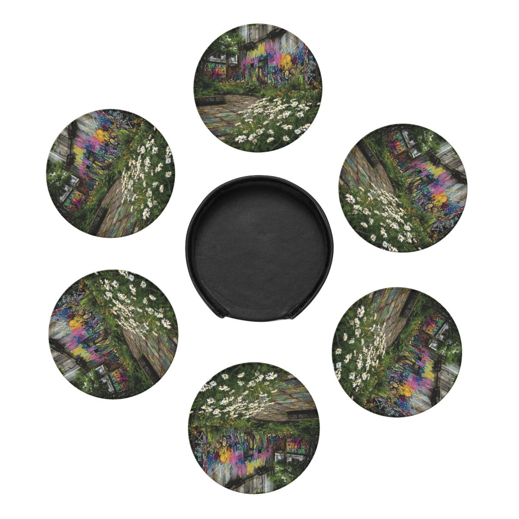 Round Leather Coaster Set of 6 with Street Graffiti and Daisy Scenery Design - Includes Storage Base, Heat - Insulation and Anti - Slip Coasters (Diameter 3.9in/10cm)