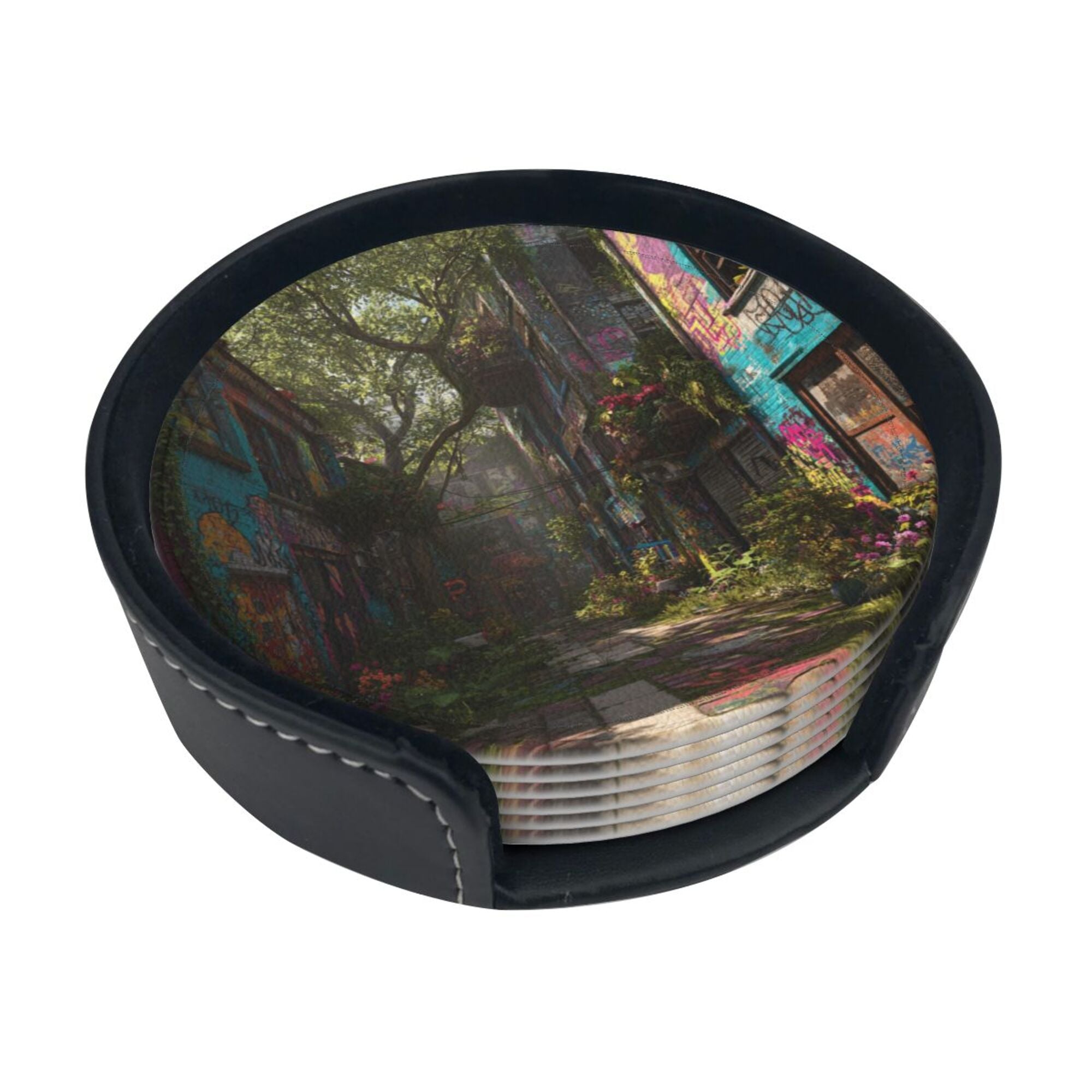 Round Leather Coaster Set of 6 with Street Art Graffiti Alley Design - Includes Storage Base, Heat - Insulation and Anti - Slip Coasters (Diameter 3.9in/10cm)