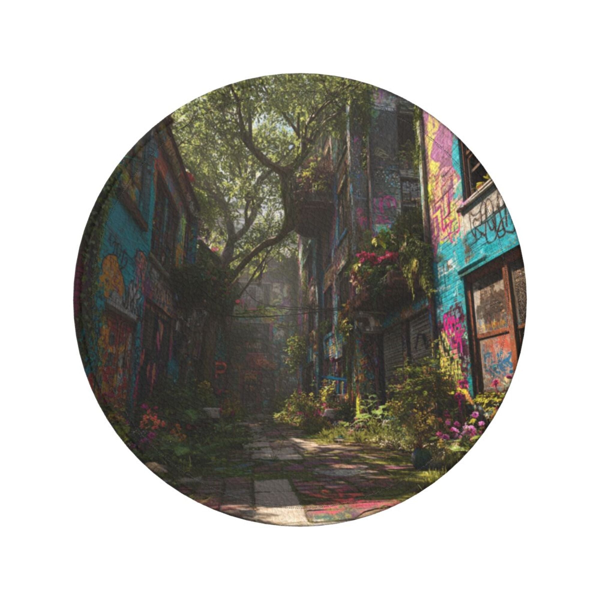 Round Leather Coaster Set of 6 with Street Art Graffiti Alley Design - Includes Storage Base, Heat - Insulation and Anti - Slip Coasters (Diameter 3.9in/10cm)