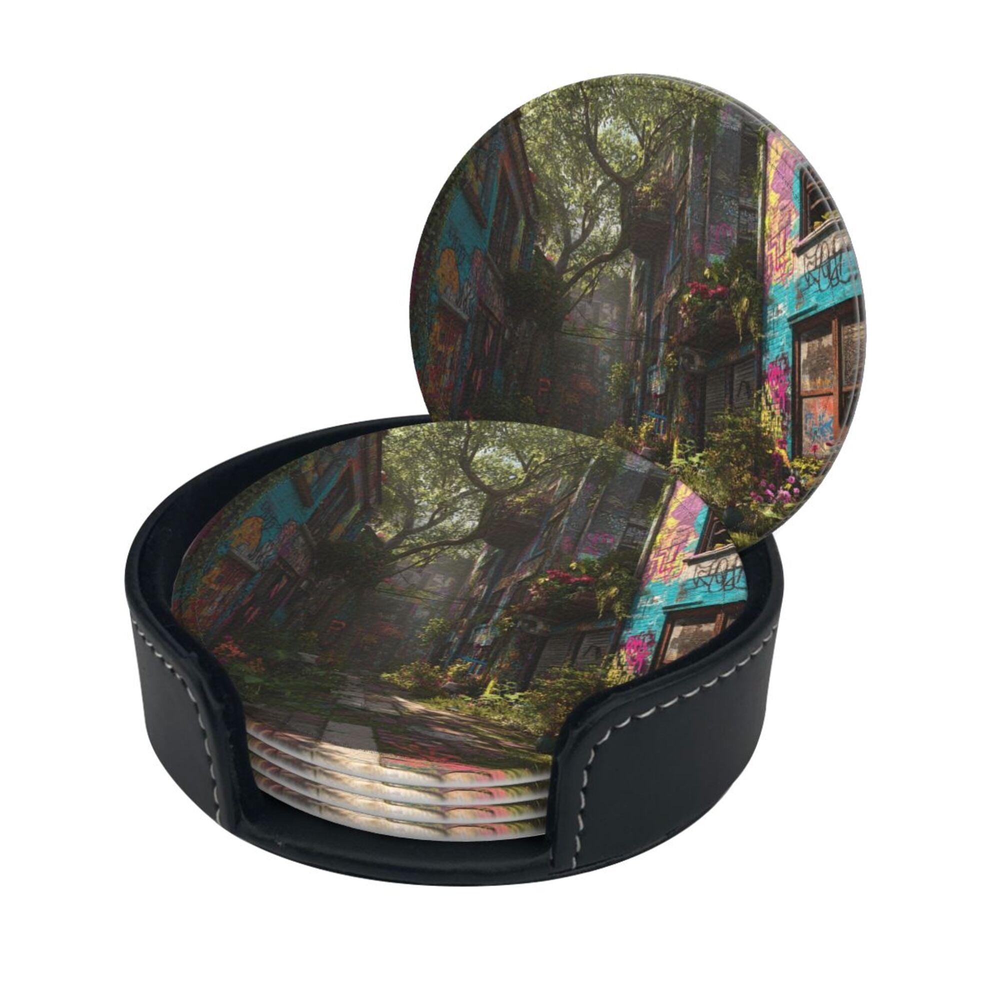 Round Leather Coaster Set of 6 with Street Art Graffiti Alley Design - Includes Storage Base, Heat - Insulation and Anti - Slip Coasters (Diameter 3.9in/10cm)