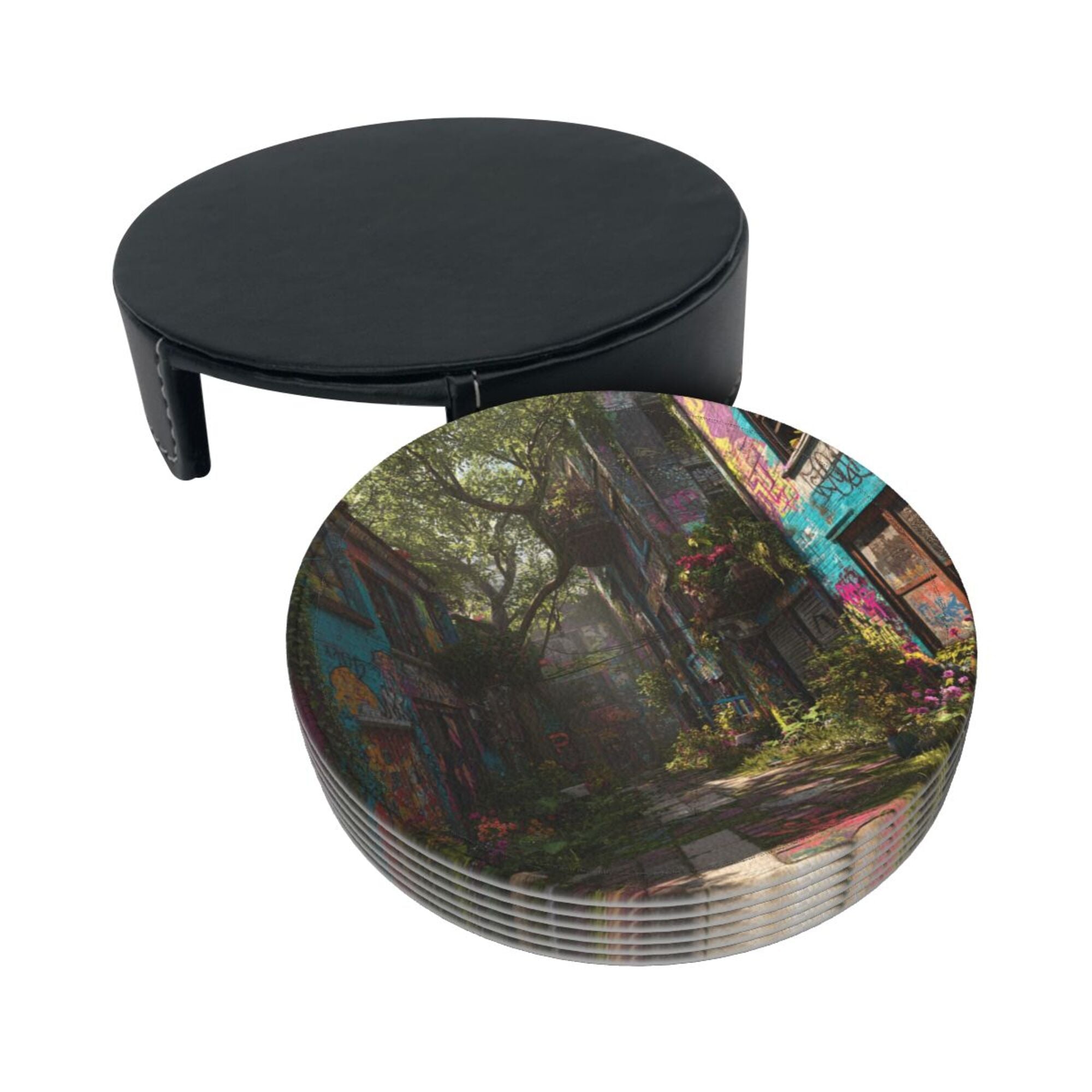 Round Leather Coaster Set of 6 with Street Art Graffiti Alley Design - Includes Storage Base, Heat - Insulation and Anti - Slip Coasters (Diameter 3.9in/10cm)