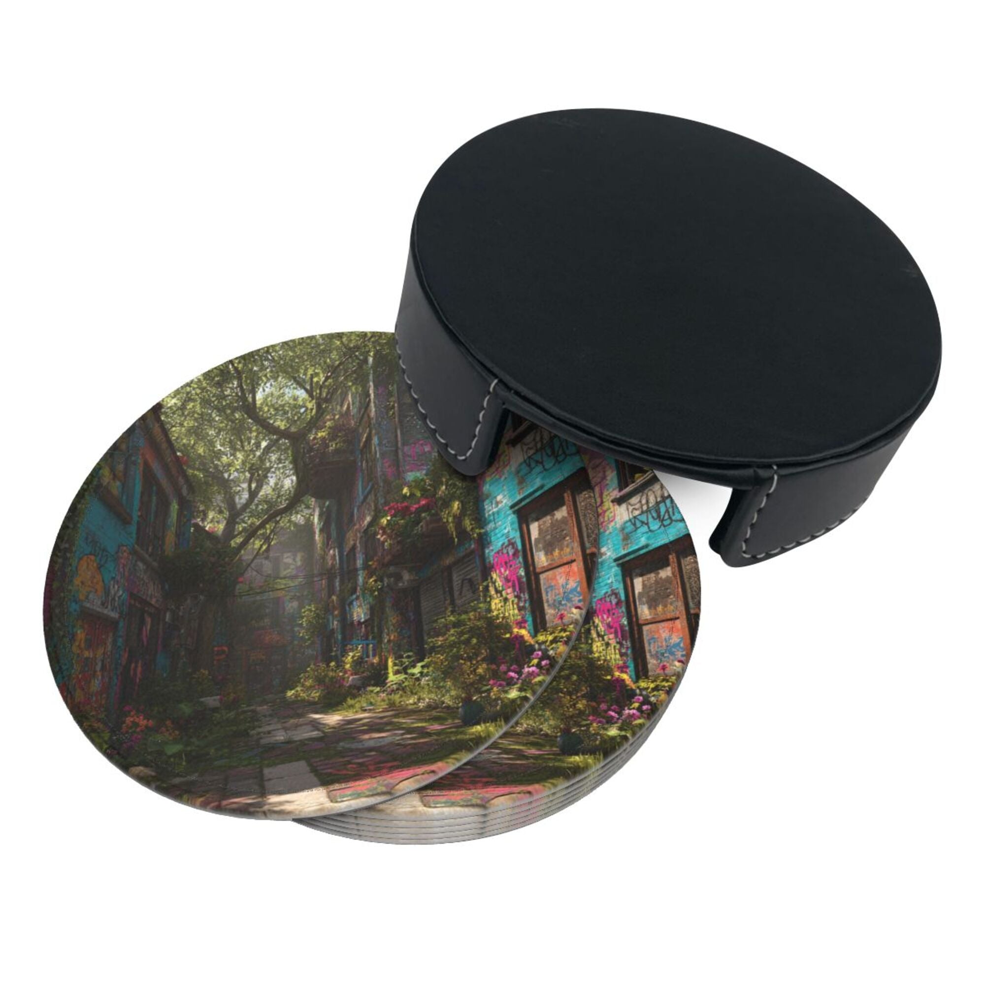 Round Leather Coaster Set of 6 with Street Art Graffiti Alley Design - Includes Storage Base, Heat - Insulation and Anti - Slip Coasters (Diameter 3.9in/10cm)