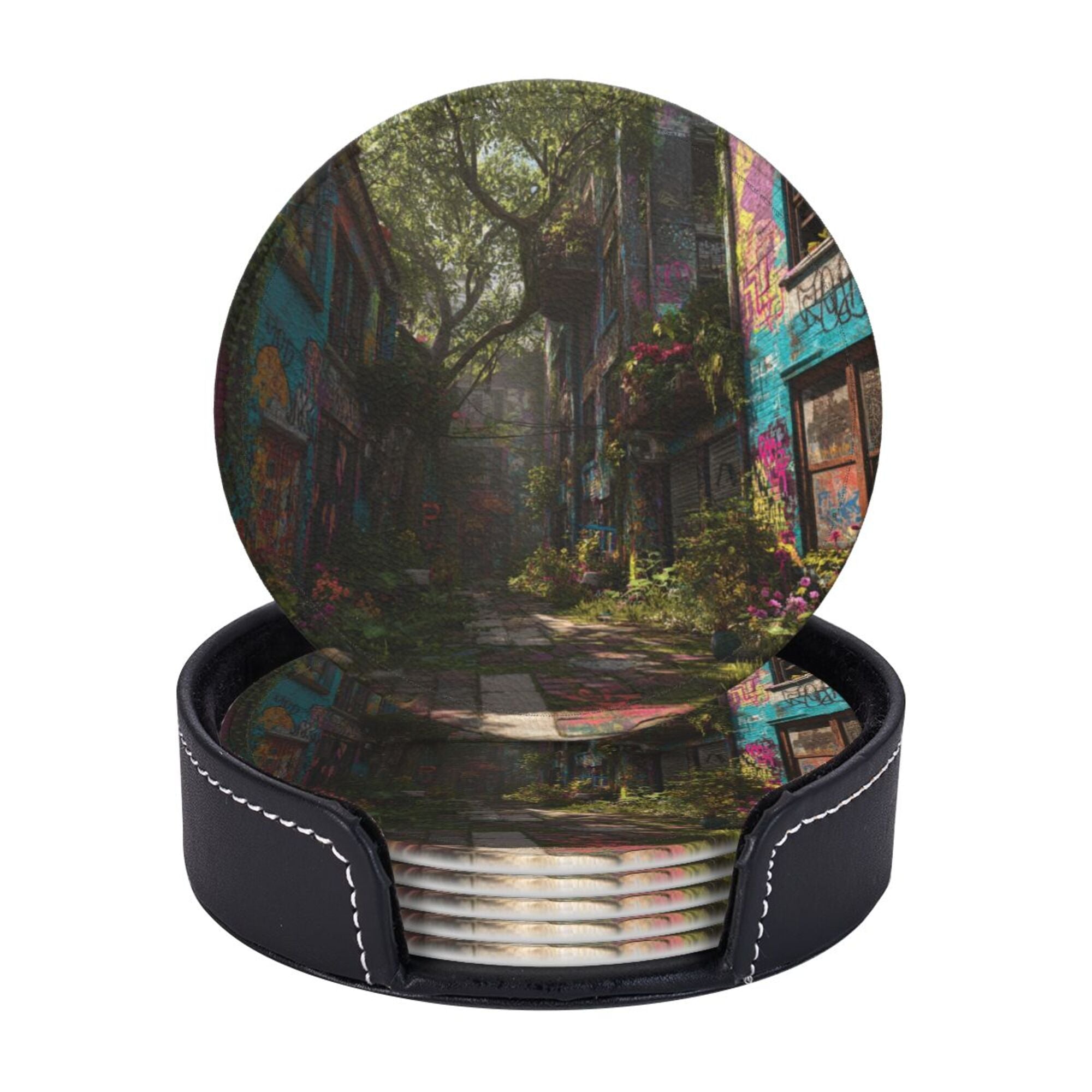 Round Leather Coaster Set of 6 with Street Art Graffiti Alley Design - Includes Storage Base, Heat - Insulation and Anti - Slip Coasters (Diameter 3.9in/10cm)