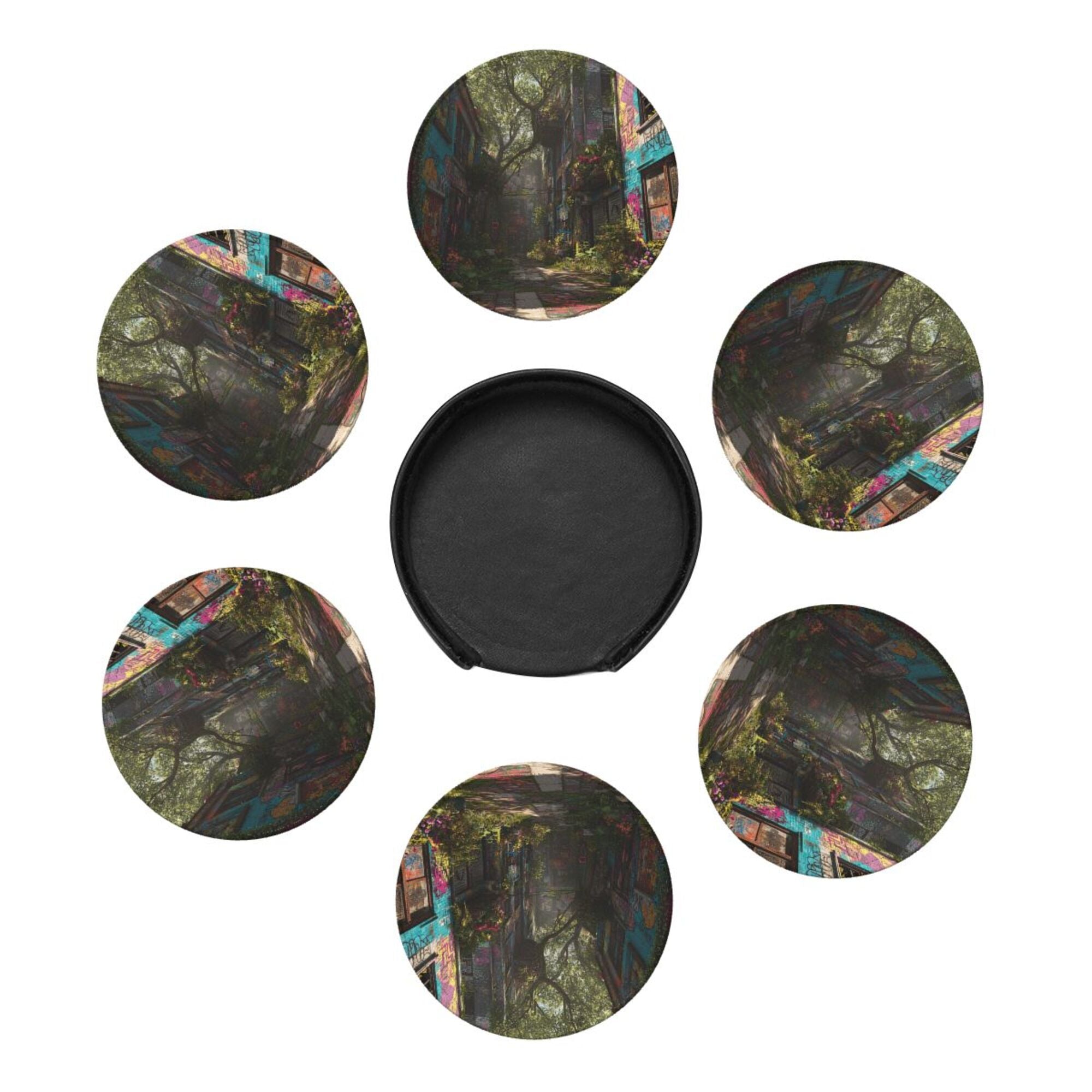 Round Leather Coaster Set of 6 with Street Art Graffiti Alley Design - Includes Storage Base, Heat - Insulation and Anti - Slip Coasters (Diameter 3.9in/10cm)