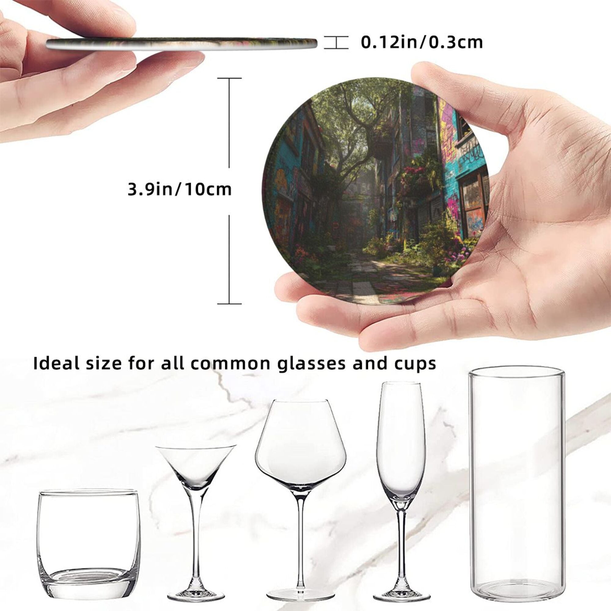 Round Leather Coaster Set of 6 with Street Art Graffiti Alley Design - Includes Storage Base, Heat - Insulation and Anti - Slip Coasters (Diameter 3.9in/10cm)