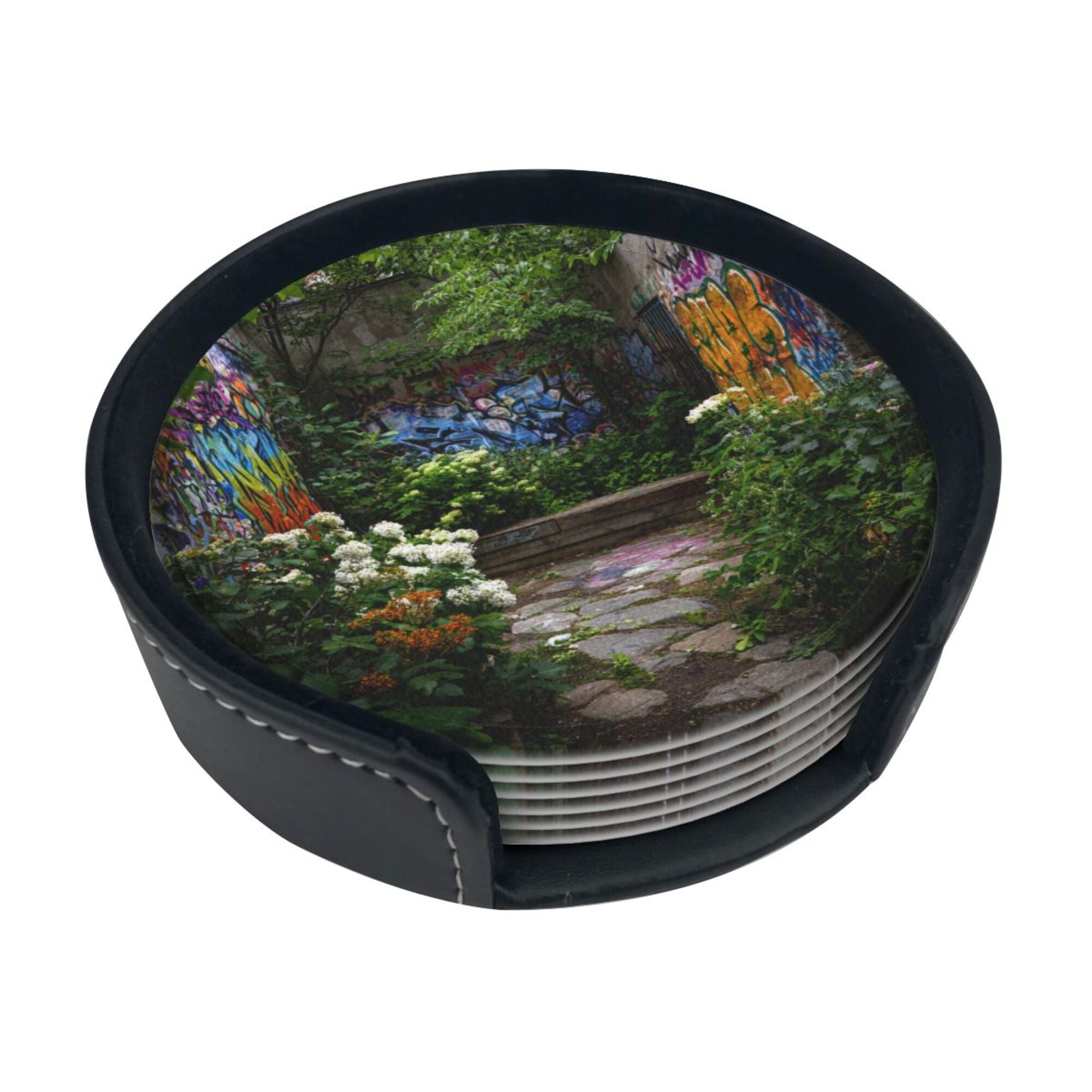 Round Leather Coaster Set of 6 with Graffiti Garden Scenery Design - Includes Storage Base, Heat - Insulation and Anti - Slip Coasters (Diameter 3.9in/10cm)