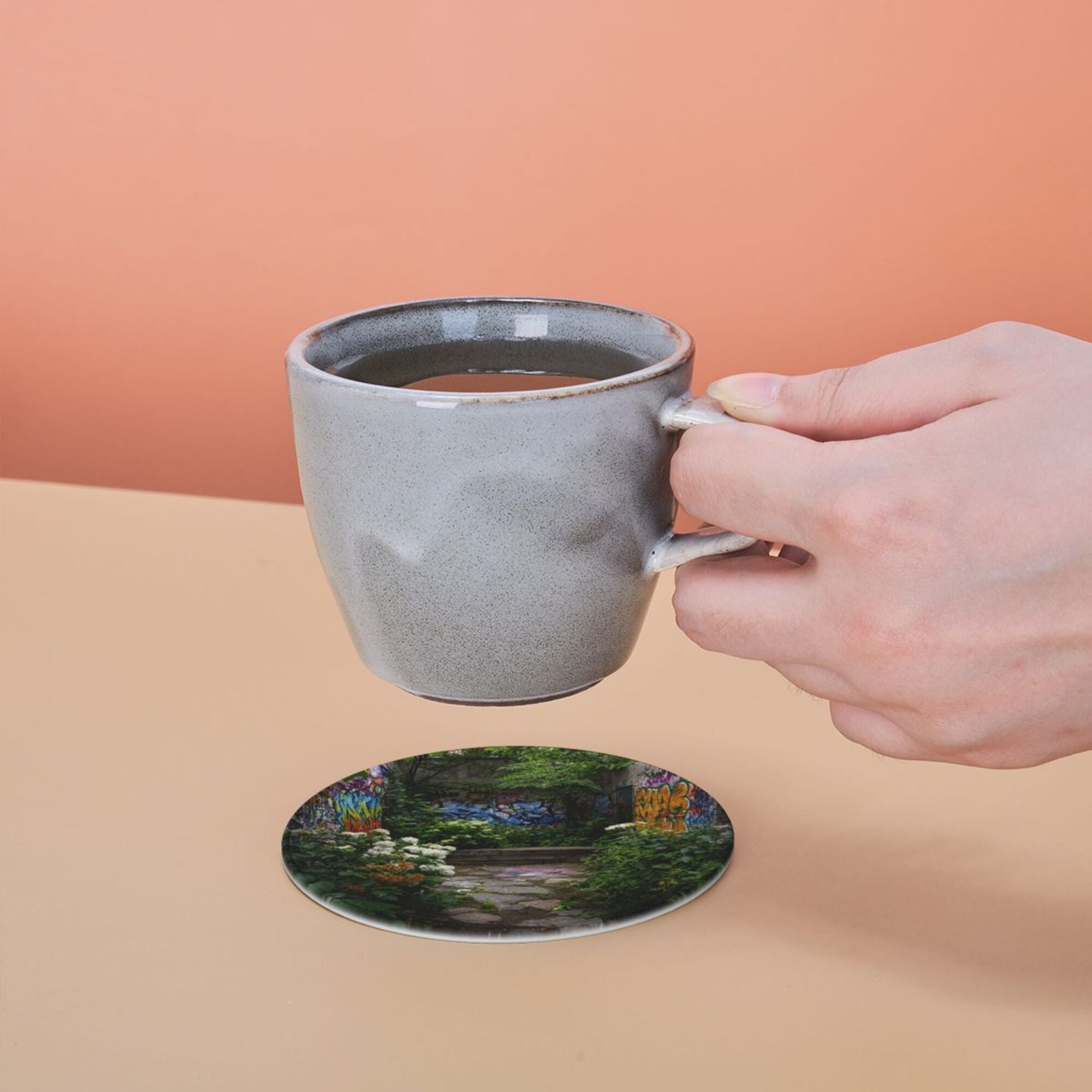 Round Leather Coaster Set of 6 with Graffiti Garden Scenery Design - Includes Storage Base, Heat - Insulation and Anti - Slip Coasters (Diameter 3.9in/10cm)