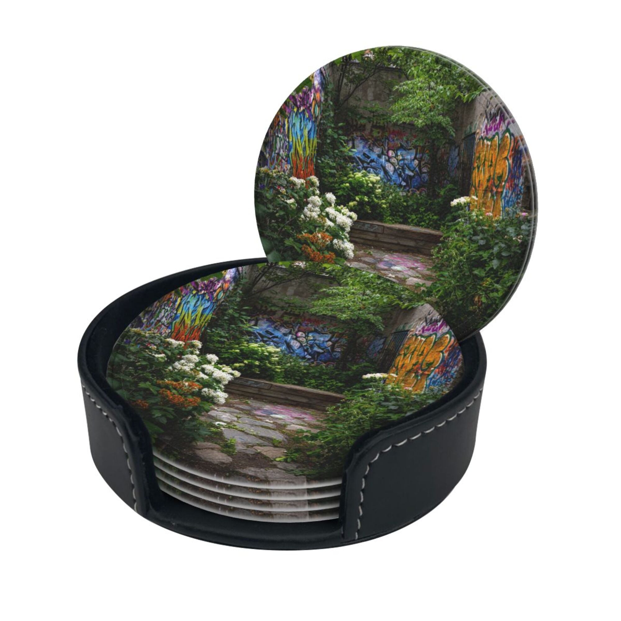 Round Leather Coaster Set of 6 with Graffiti Garden Scenery Design - Includes Storage Base, Heat - Insulation and Anti - Slip Coasters (Diameter 3.9in/10cm)