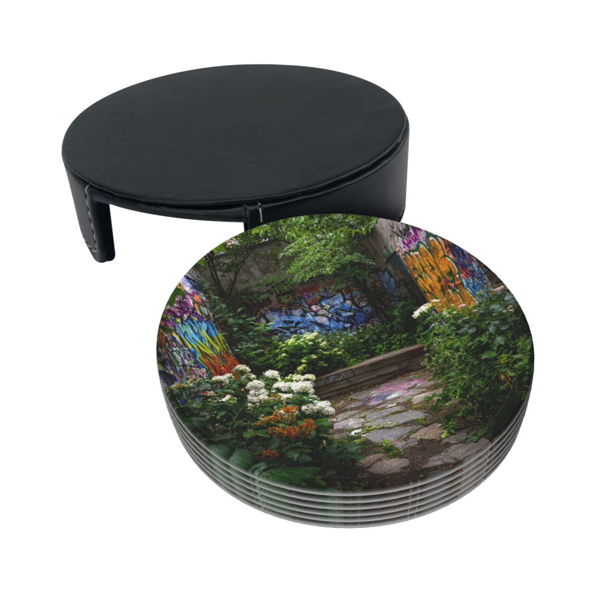 Round Leather Coaster Set of 6 with Graffiti Garden Scenery Design - Includes Storage Base, Heat - Insulation and Anti - Slip Coasters (Diameter 3.9in/10cm)