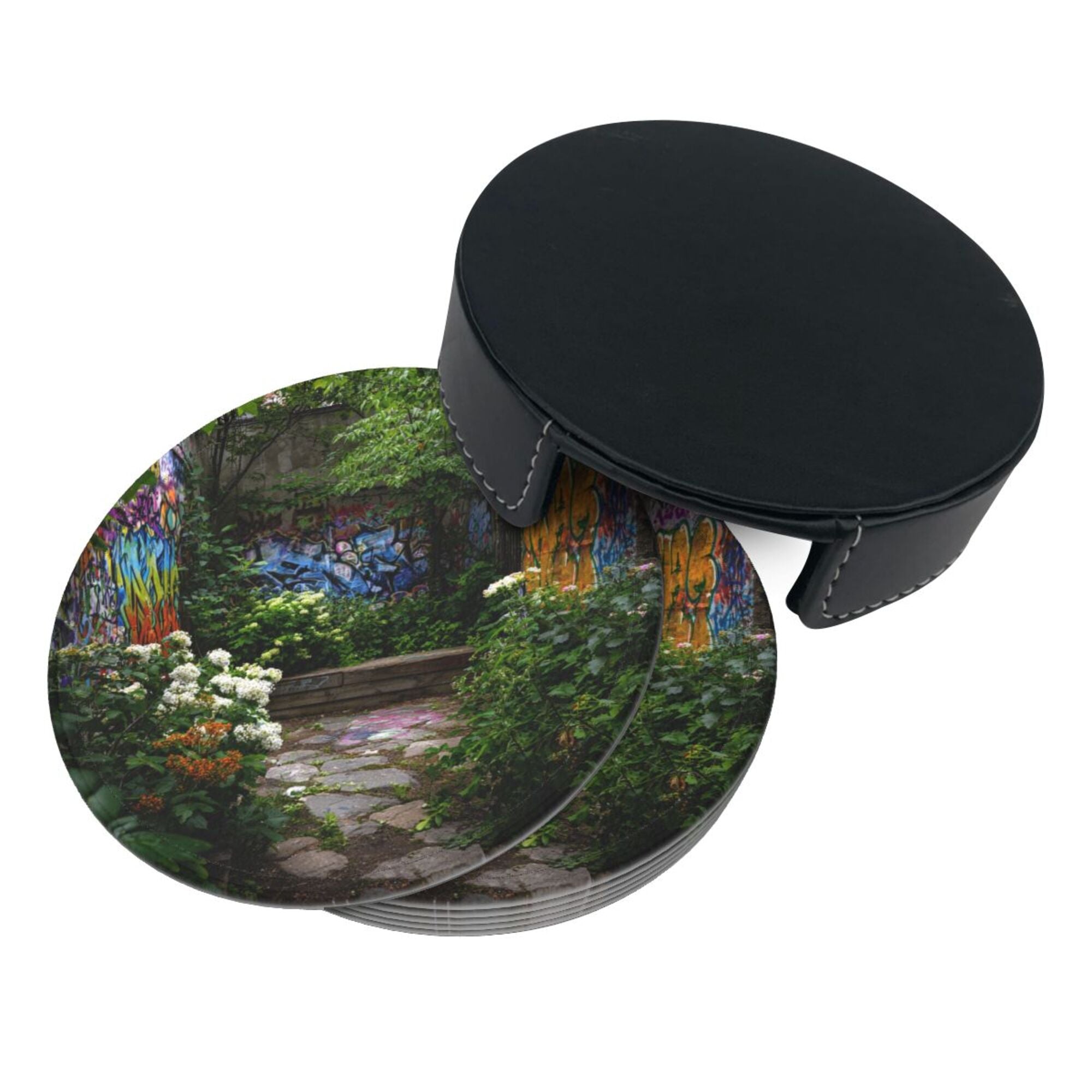 Round Leather Coaster Set of 6 with Graffiti Garden Scenery Design - Includes Storage Base, Heat - Insulation and Anti - Slip Coasters (Diameter 3.9in/10cm)