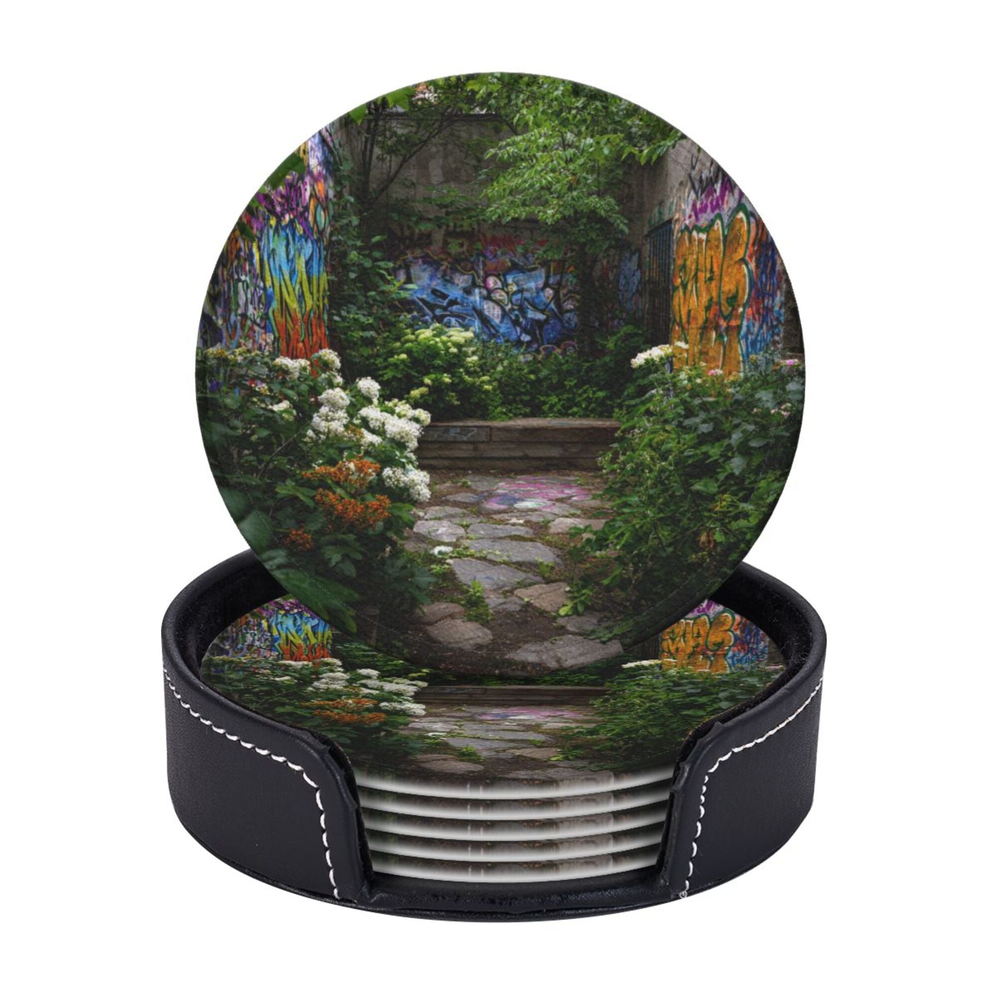 Round Leather Coaster Set of 6 with Graffiti Garden Scenery Design - Includes Storage Base, Heat - Insulation and Anti - Slip Coasters (Diameter 3.9in/10cm)
