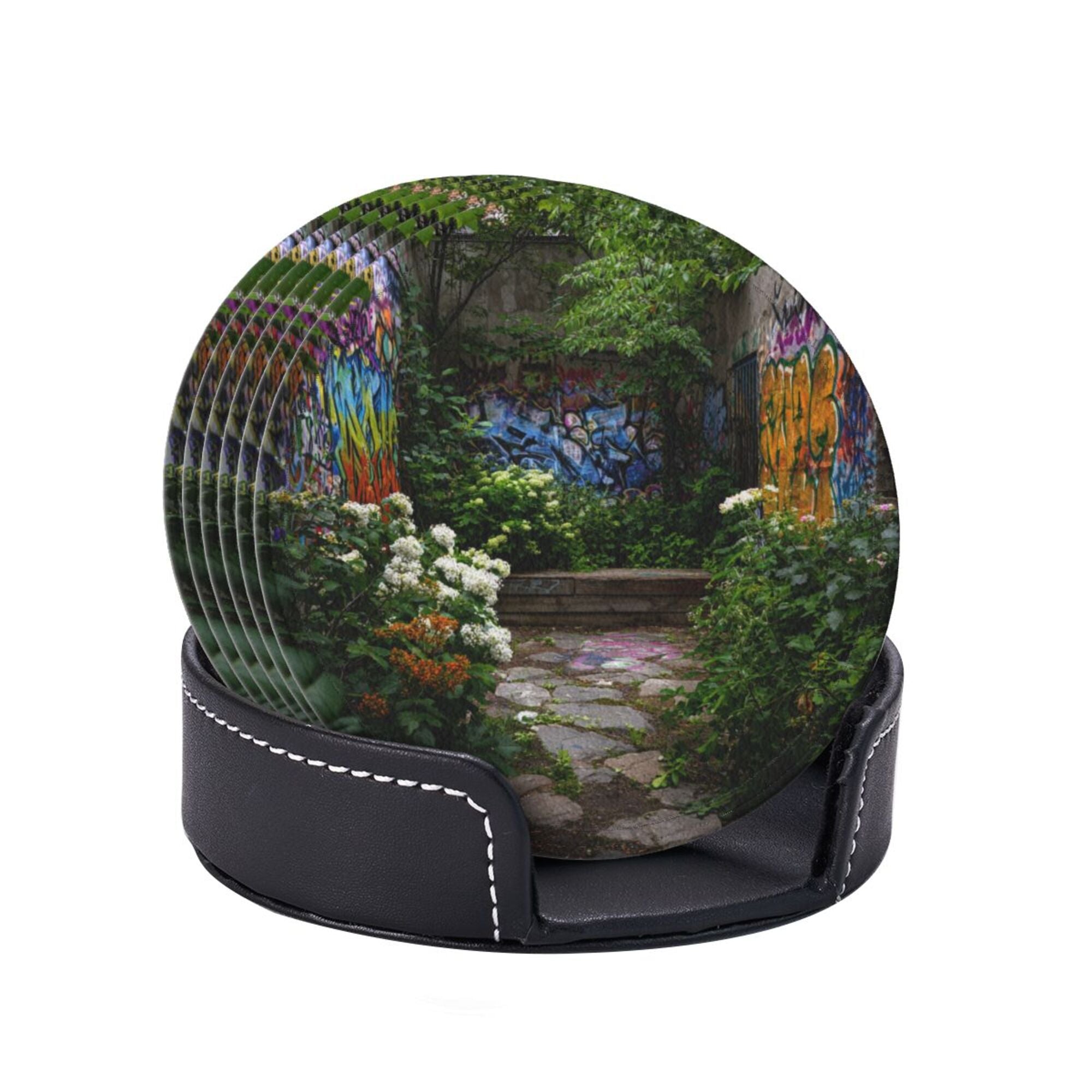 Round Leather Coaster Set of 6 with Graffiti Garden Scenery Design - Includes Storage Base, Heat - Insulation and Anti - Slip Coasters (Diameter 3.9in/10cm)