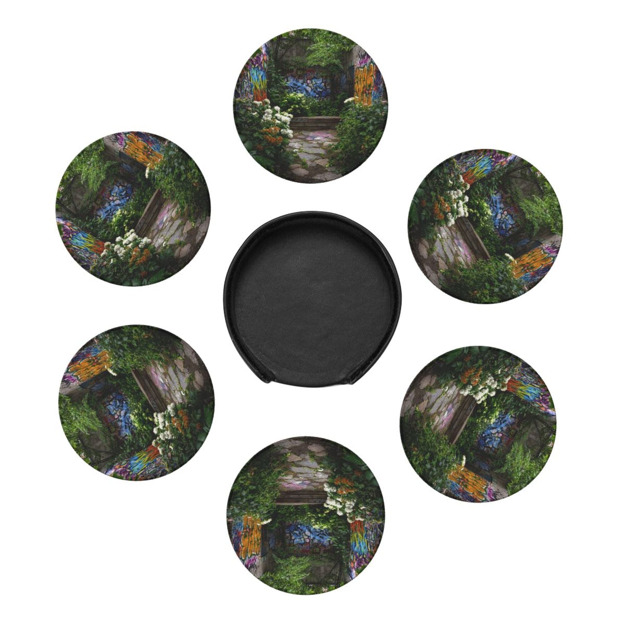 Round Leather Coaster Set of 6 with Graffiti Garden Scenery Design - Includes Storage Base, Heat - Insulation and Anti - Slip Coasters (Diameter 3.9in/10cm)