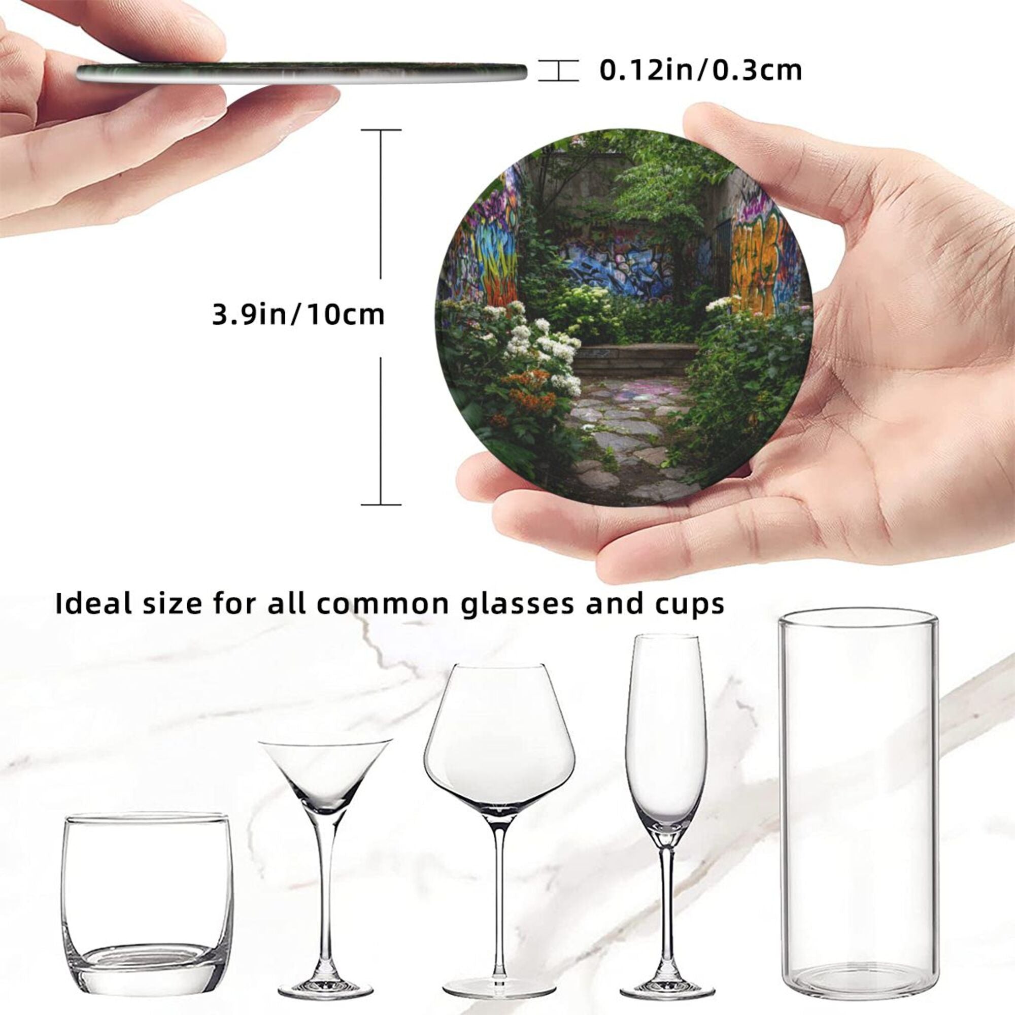 Round Leather Coaster Set of 6 with Graffiti Garden Scenery Design - Includes Storage Base, Heat - Insulation and Anti - Slip Coasters (Diameter 3.9in/10cm)