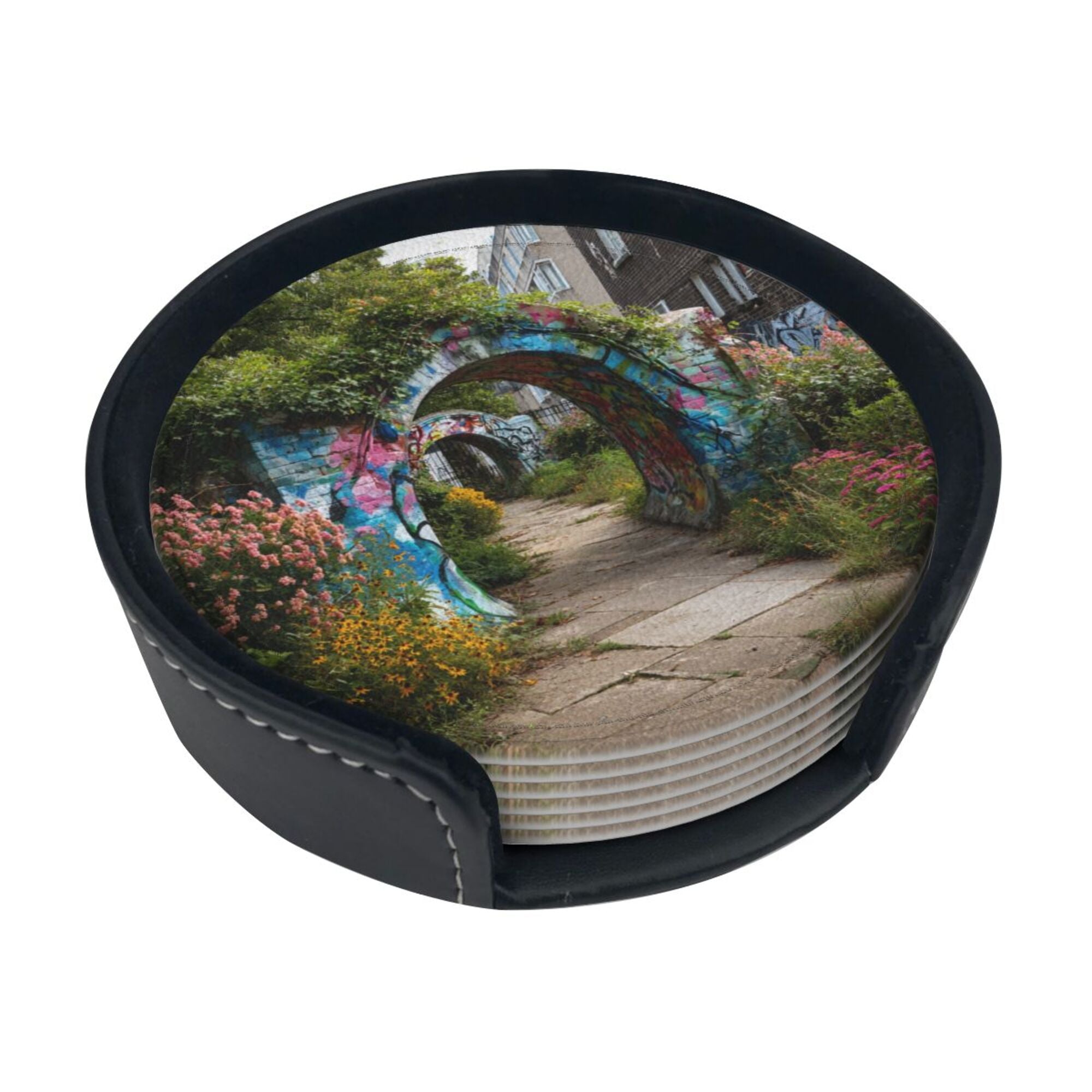 Round Leather Coaster Set of 6 with Graffiti Archway Garden Scenery Design - Includes Storage Base, Heat - Insulation and Anti - Slip Coasters (Diameter 3.9in/10cm)