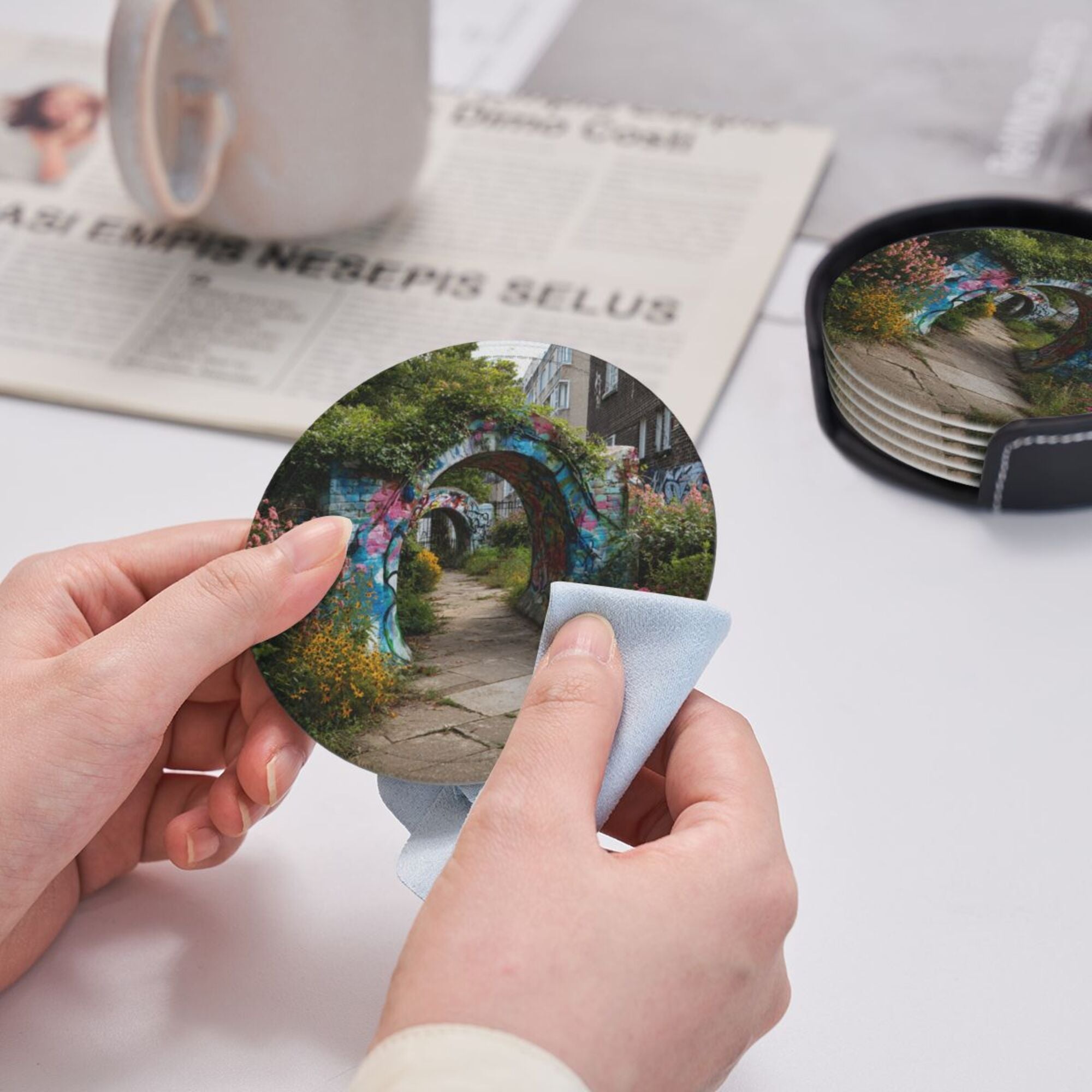 Round Leather Coaster Set of 6 with Graffiti Archway Garden Scenery Design - Includes Storage Base, Heat - Insulation and Anti - Slip Coasters (Diameter 3.9in/10cm)