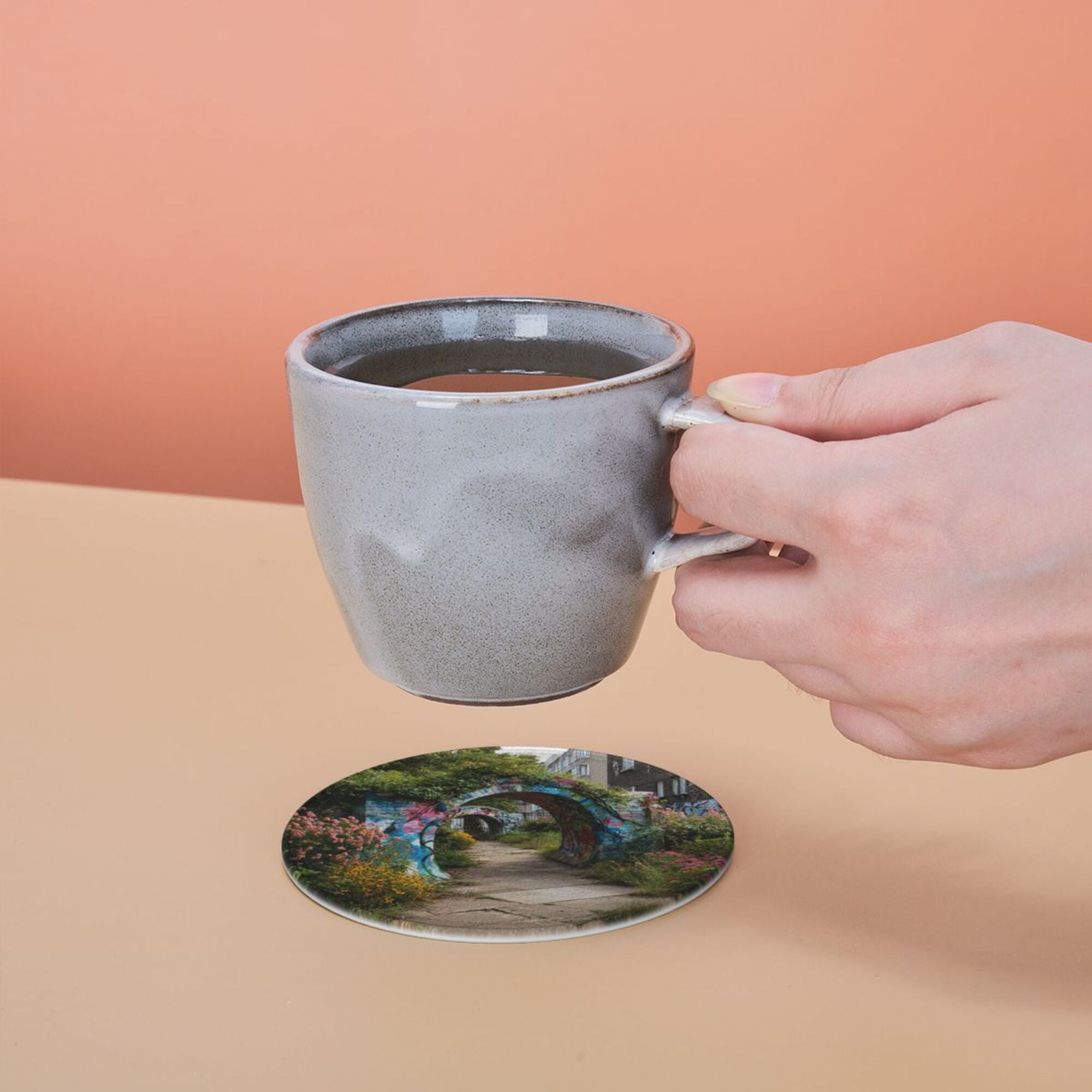 Round Leather Coaster Set of 6 with Graffiti Archway Garden Scenery Design - Includes Storage Base, Heat - Insulation and Anti - Slip Coasters (Diameter 3.9in/10cm)