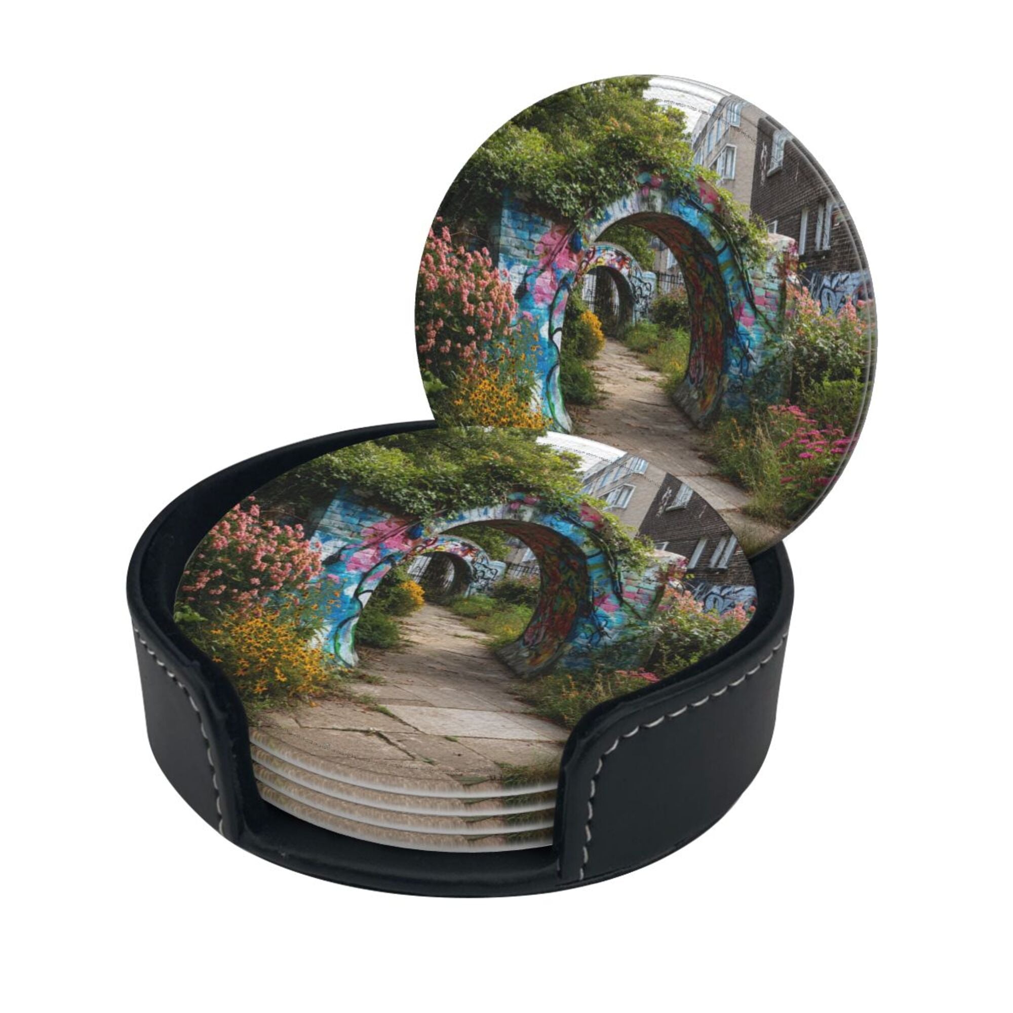 Round Leather Coaster Set of 6 with Graffiti Archway Garden Scenery Design - Includes Storage Base, Heat - Insulation and Anti - Slip Coasters (Diameter 3.9in/10cm)