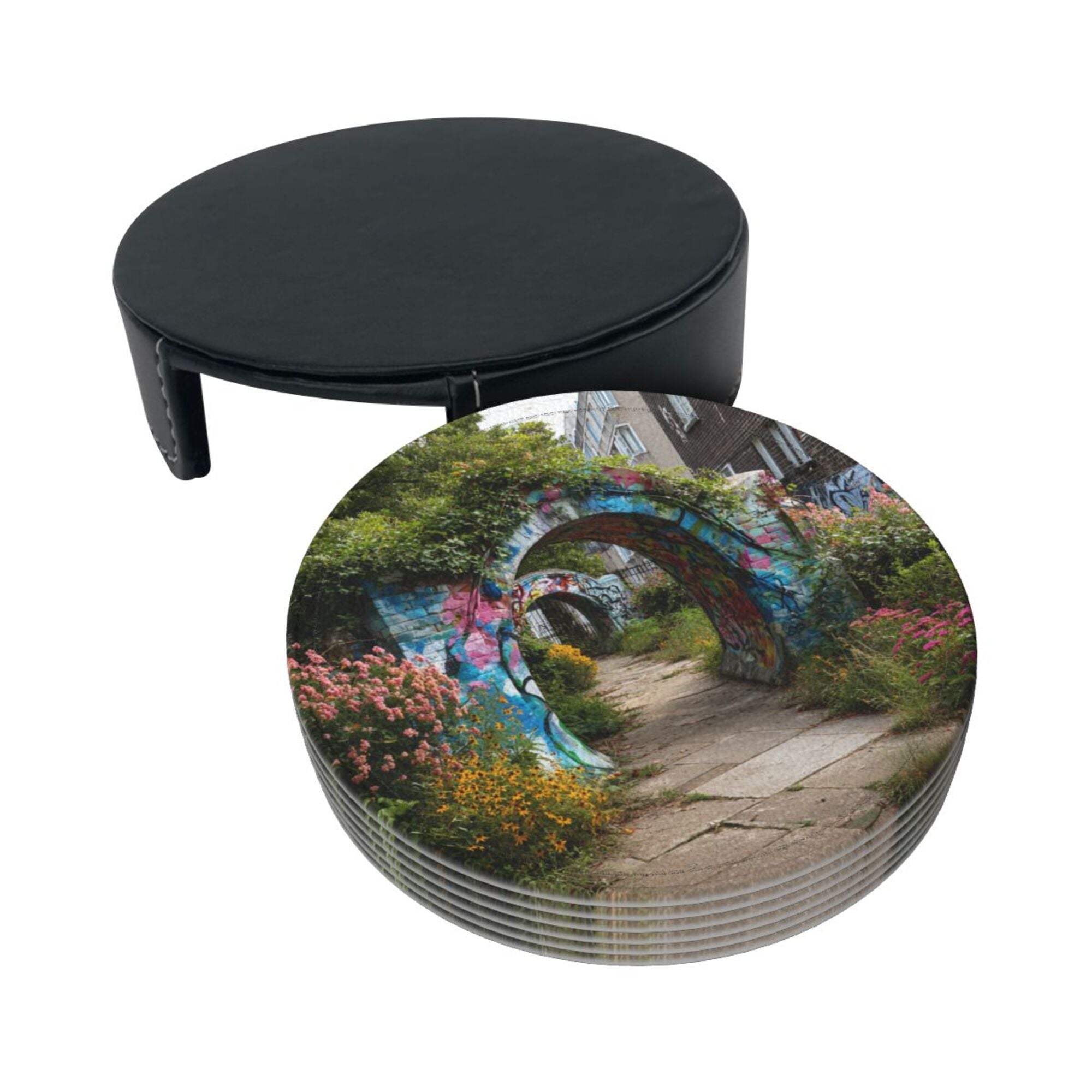 Round Leather Coaster Set of 6 with Graffiti Archway Garden Scenery Design - Includes Storage Base, Heat - Insulation and Anti - Slip Coasters (Diameter 3.9in/10cm)