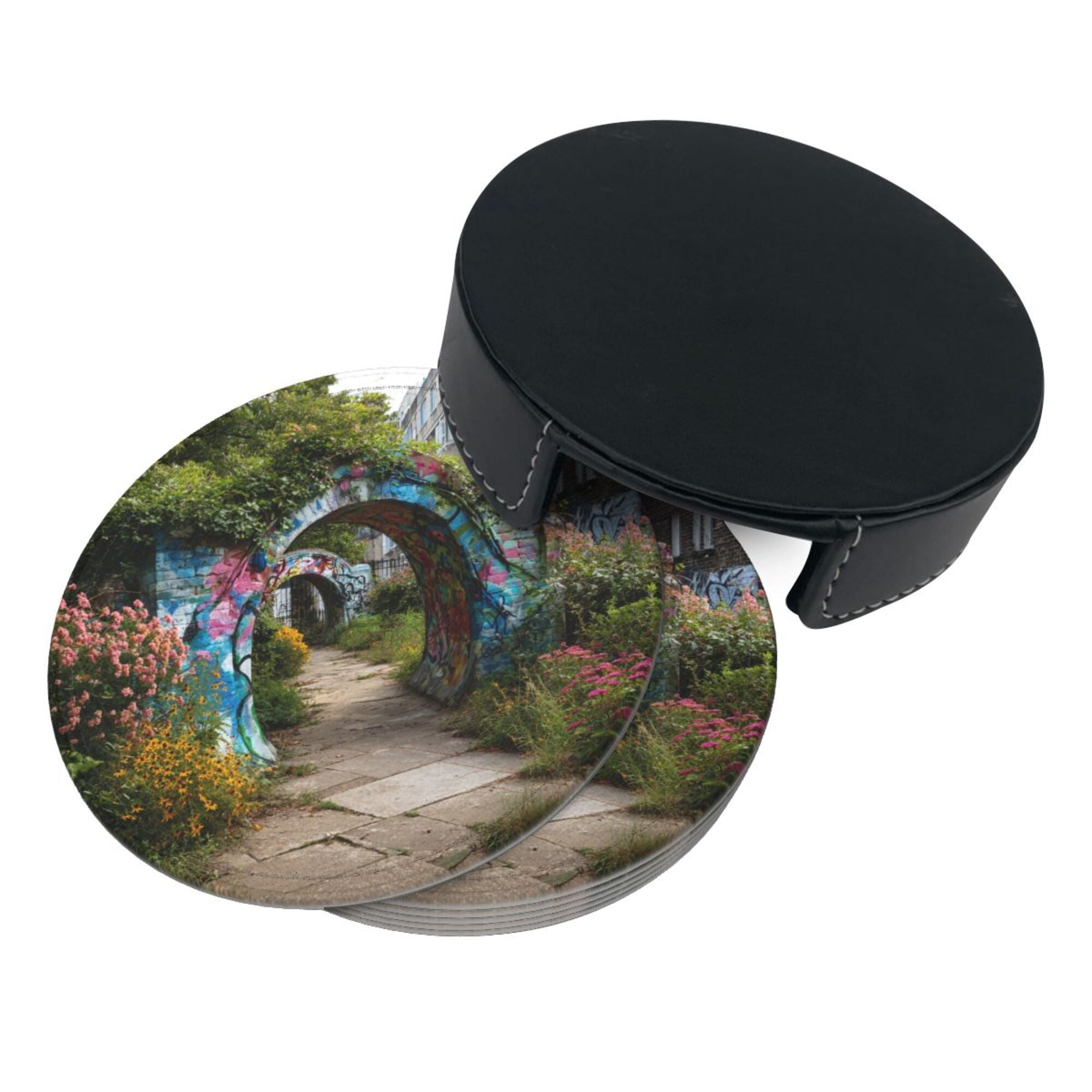 Round Leather Coaster Set of 6 with Graffiti Archway Garden Scenery Design - Includes Storage Base, Heat - Insulation and Anti - Slip Coasters (Diameter 3.9in/10cm)