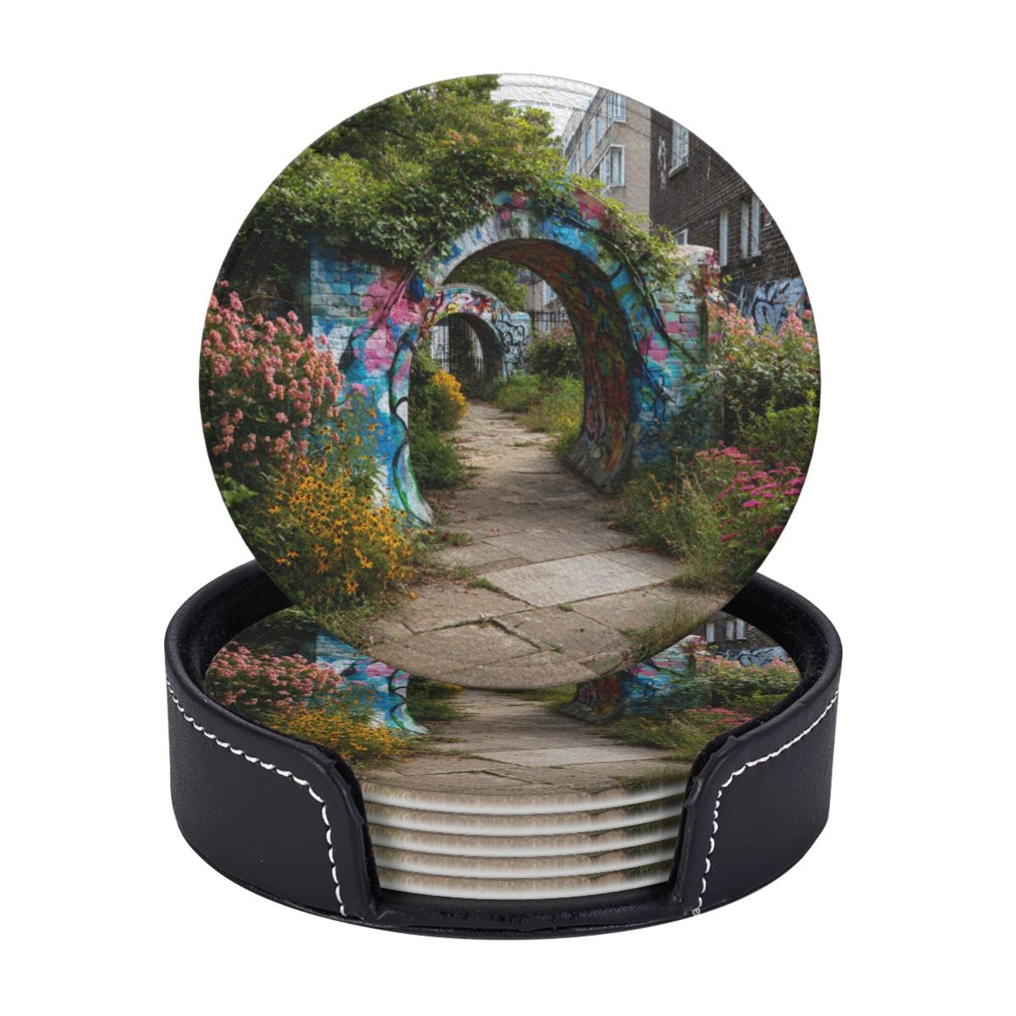 Round Leather Coaster Set of 6 with Graffiti Archway Garden Scenery Design - Includes Storage Base, Heat - Insulation and Anti - Slip Coasters (Diameter 3.9in/10cm)