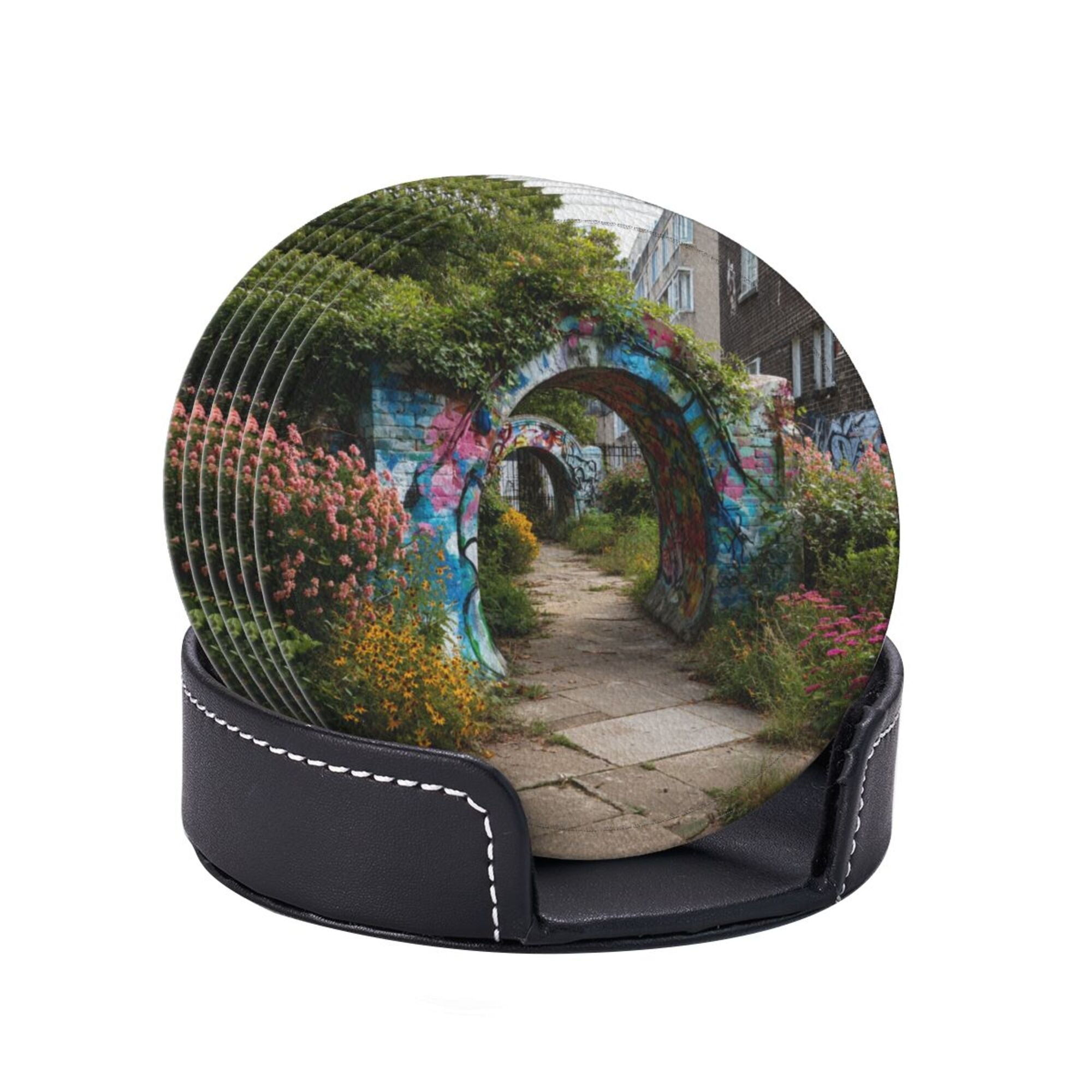 Round Leather Coaster Set of 6 with Graffiti Archway Garden Scenery Design - Includes Storage Base, Heat - Insulation and Anti - Slip Coasters (Diameter 3.9in/10cm)