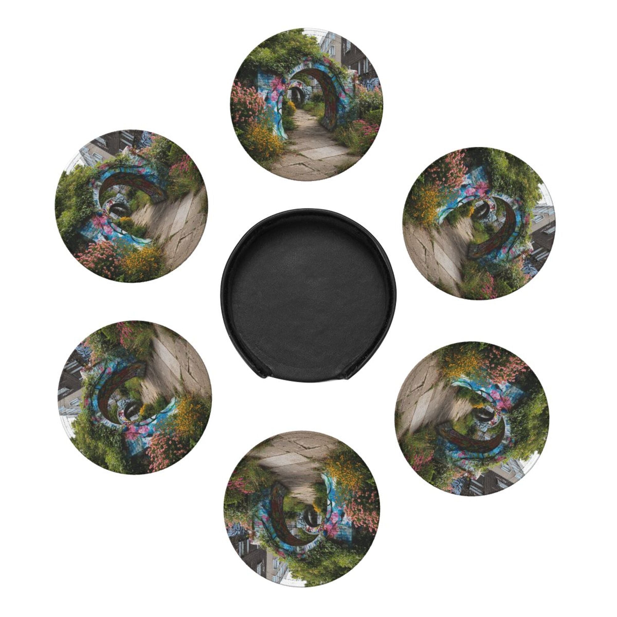 Round Leather Coaster Set of 6 with Graffiti Archway Garden Scenery Design - Includes Storage Base, Heat - Insulation and Anti - Slip Coasters (Diameter 3.9in/10cm)
