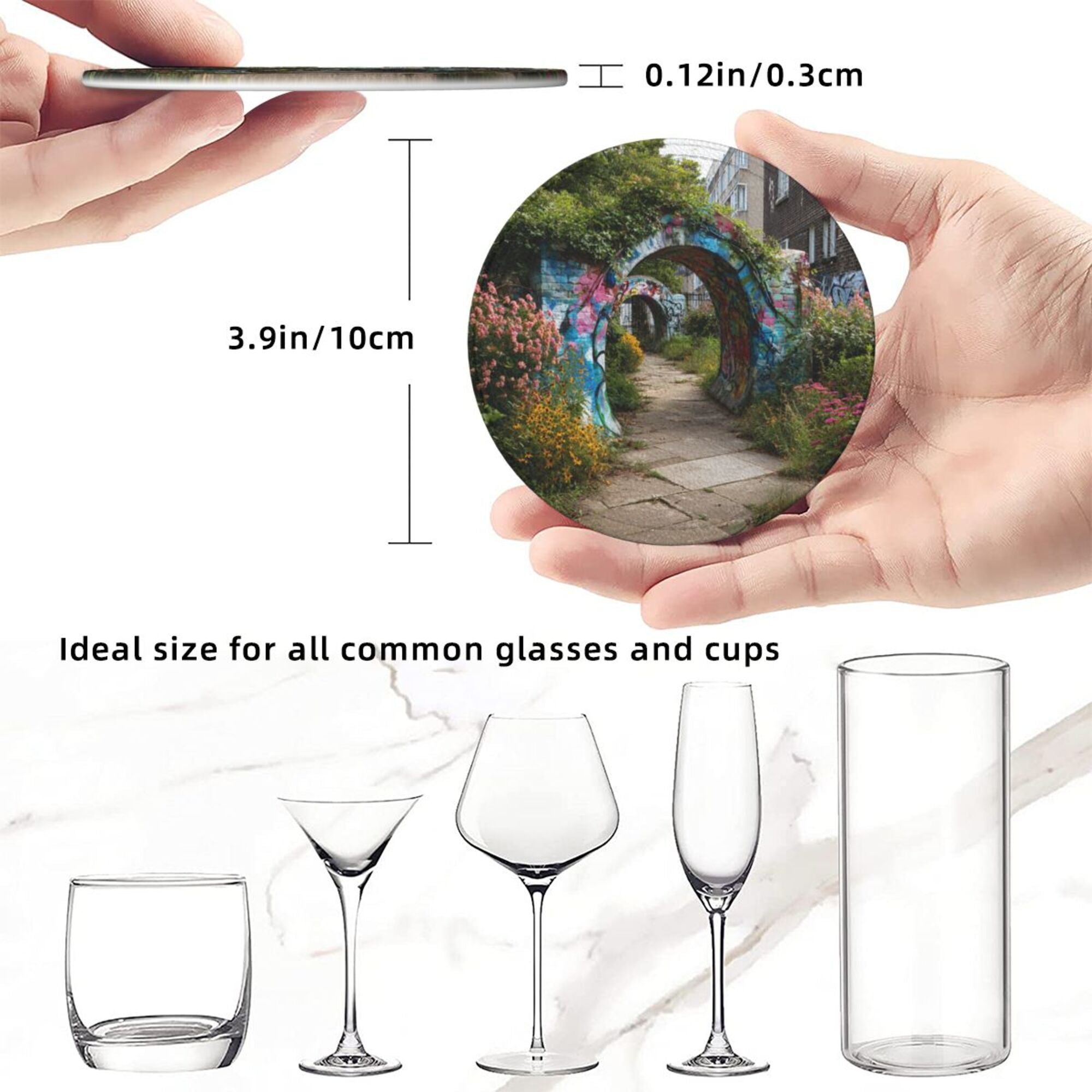 Round Leather Coaster Set of 6 with Graffiti Archway Garden Scenery Design - Includes Storage Base, Heat - Insulation and Anti - Slip Coasters (Diameter 3.9in/10cm)