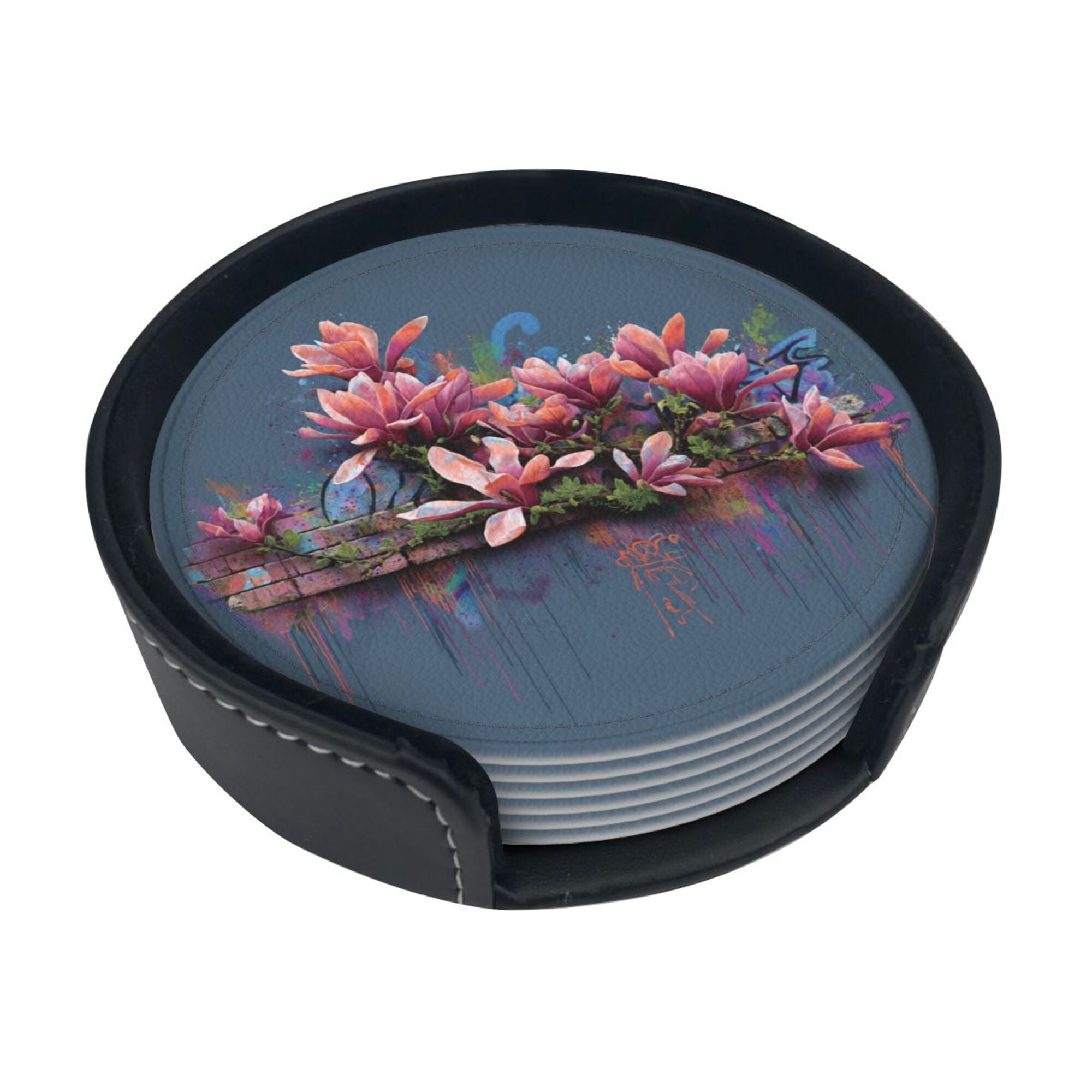 Round Leather Coaster Set of 6 with Artistic Floral Graffiti Design - Includes Storage Base, Heat - Insulation and Anti - Slip Coasters (Diameter 3.9in/10cm)