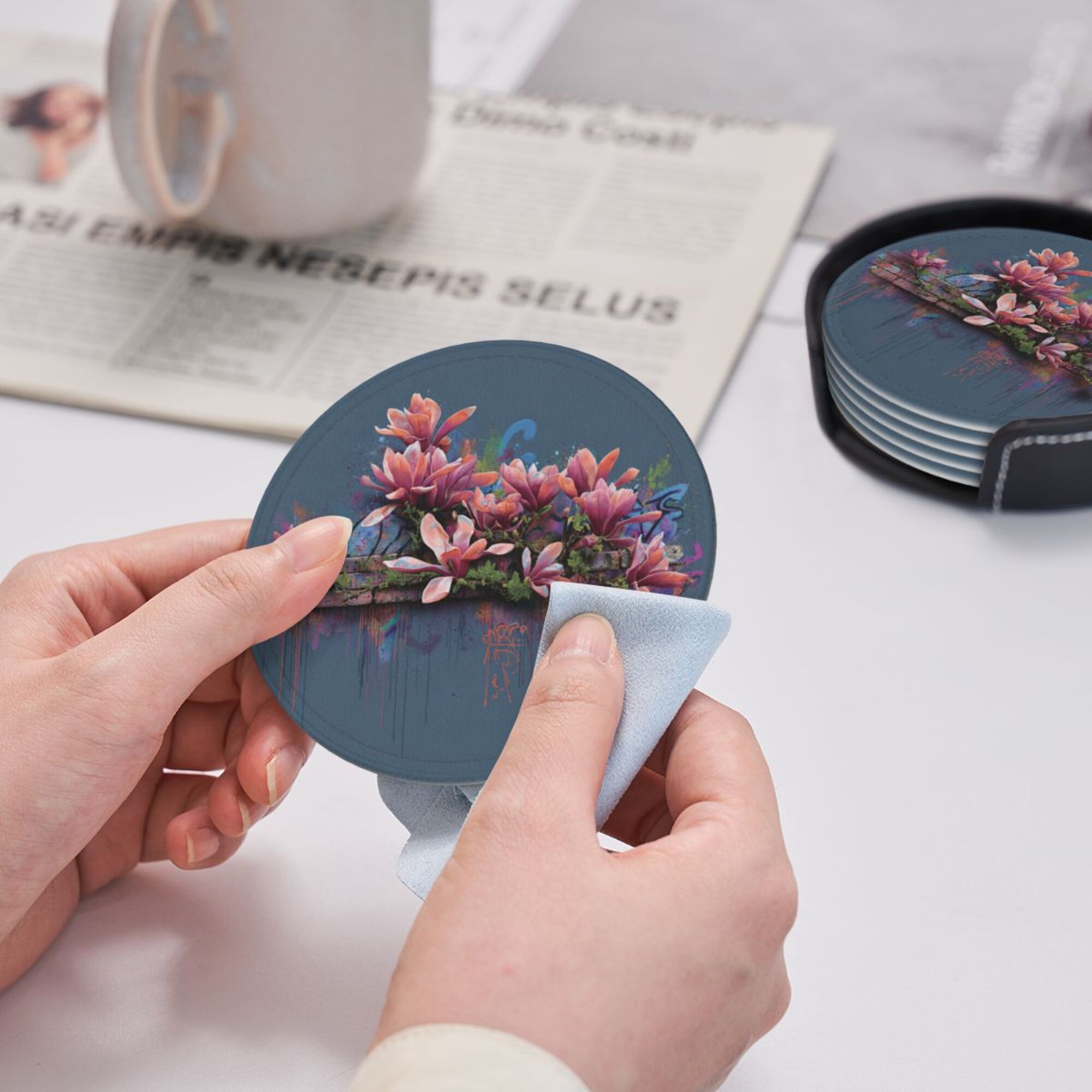 Round Leather Coaster Set of 6 with Artistic Floral Graffiti Design - Includes Storage Base, Heat - Insulation and Anti - Slip Coasters (Diameter 3.9in/10cm)