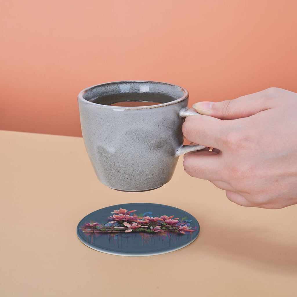 Round Leather Coaster Set of 6 with Artistic Floral Graffiti Design - Includes Storage Base, Heat - Insulation and Anti - Slip Coasters (Diameter 3.9in/10cm)