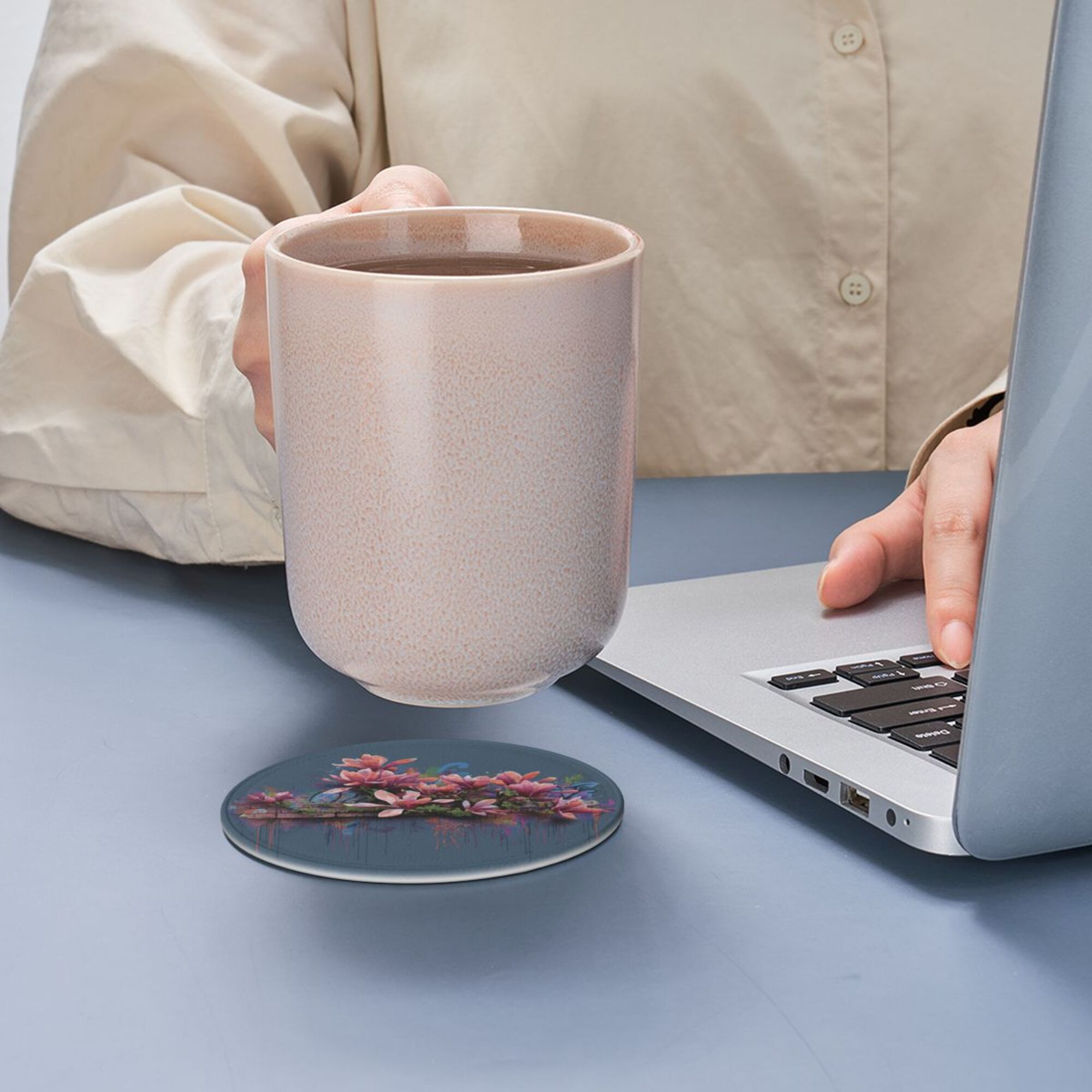 Round Leather Coaster Set of 6 with Artistic Floral Graffiti Design - Includes Storage Base, Heat - Insulation and Anti - Slip Coasters (Diameter 3.9in/10cm)