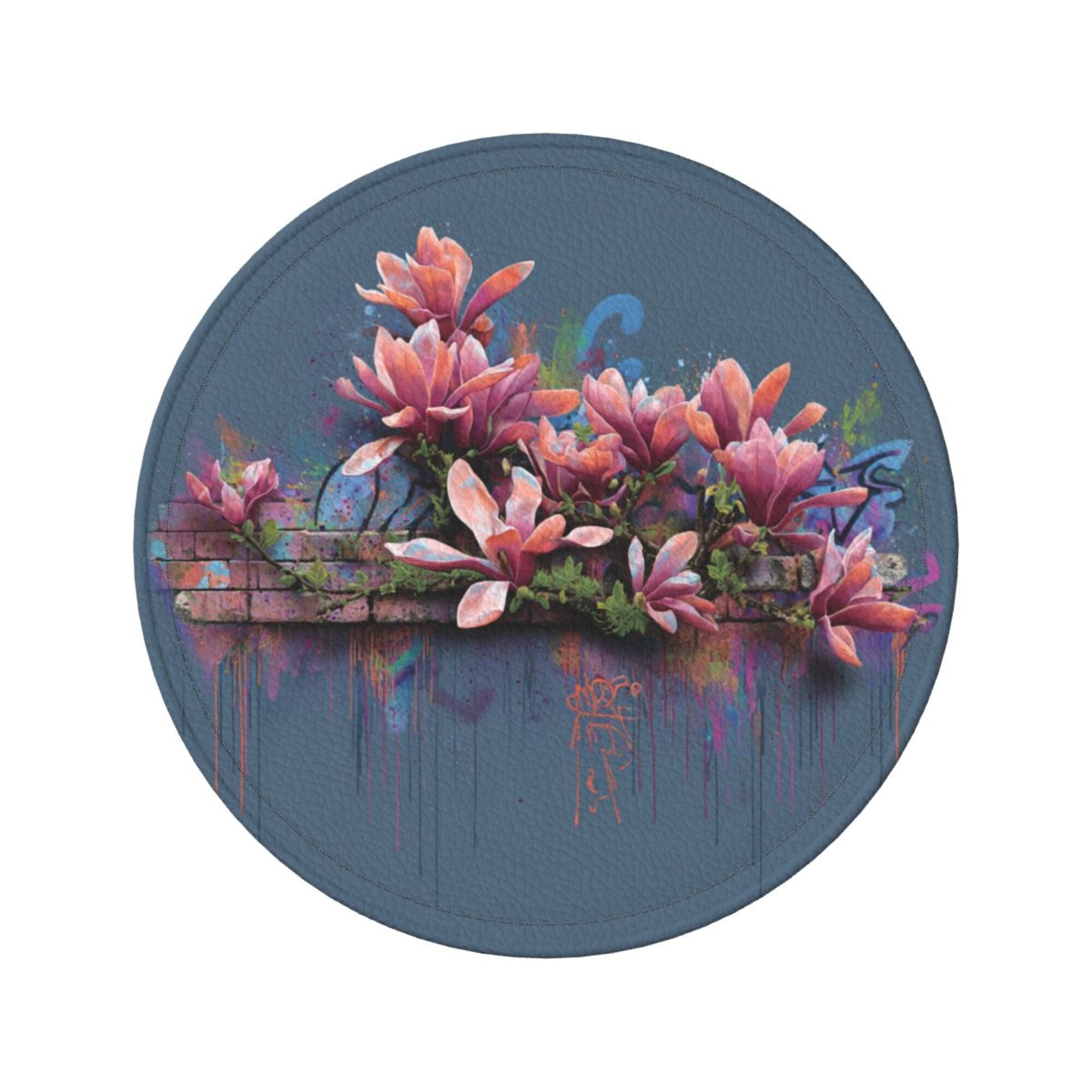 Round Leather Coaster Set of 6 with Artistic Floral Graffiti Design - Includes Storage Base, Heat - Insulation and Anti - Slip Coasters (Diameter 3.9in/10cm)