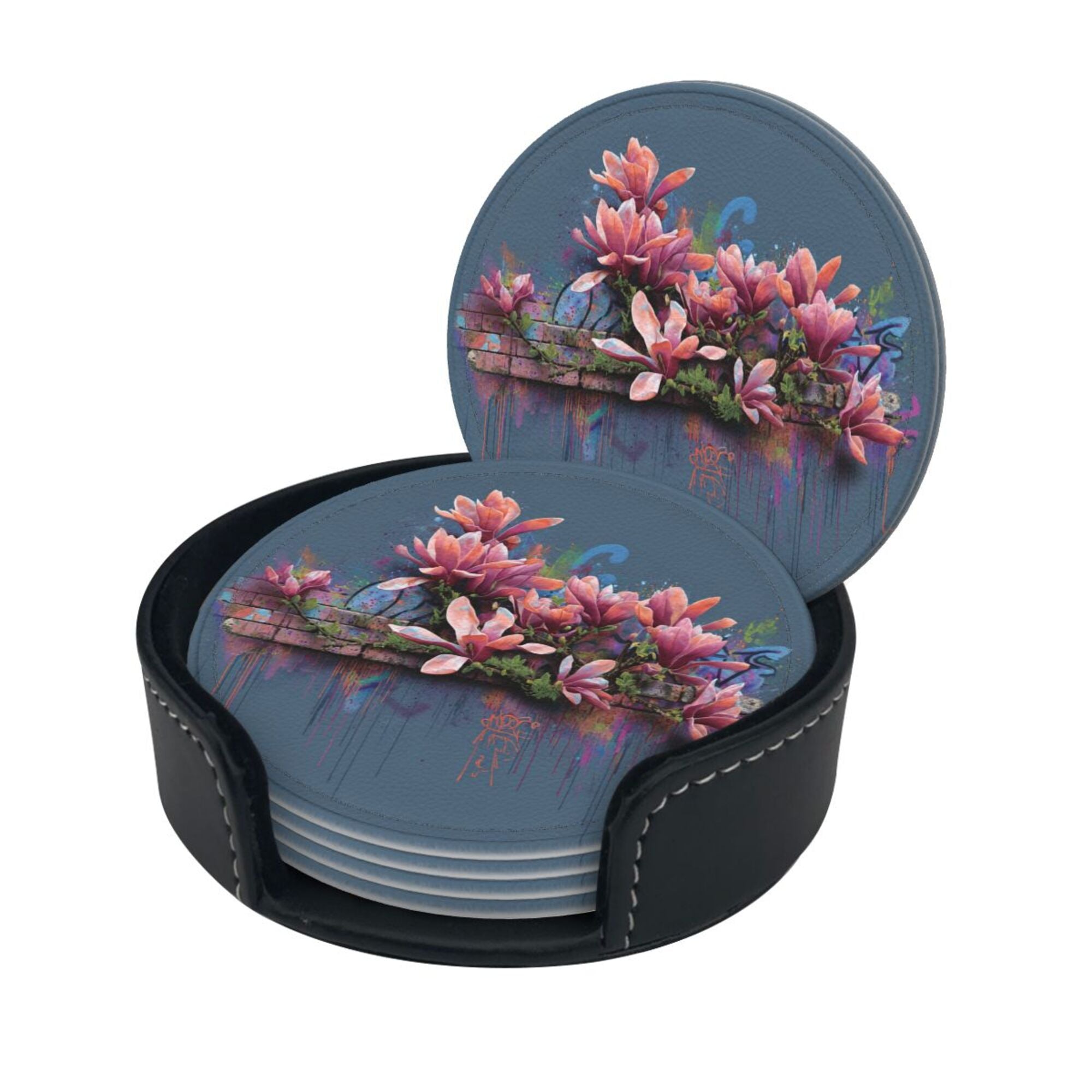 Round Leather Coaster Set of 6 with Artistic Floral Graffiti Design - Includes Storage Base, Heat - Insulation and Anti - Slip Coasters (Diameter 3.9in/10cm)