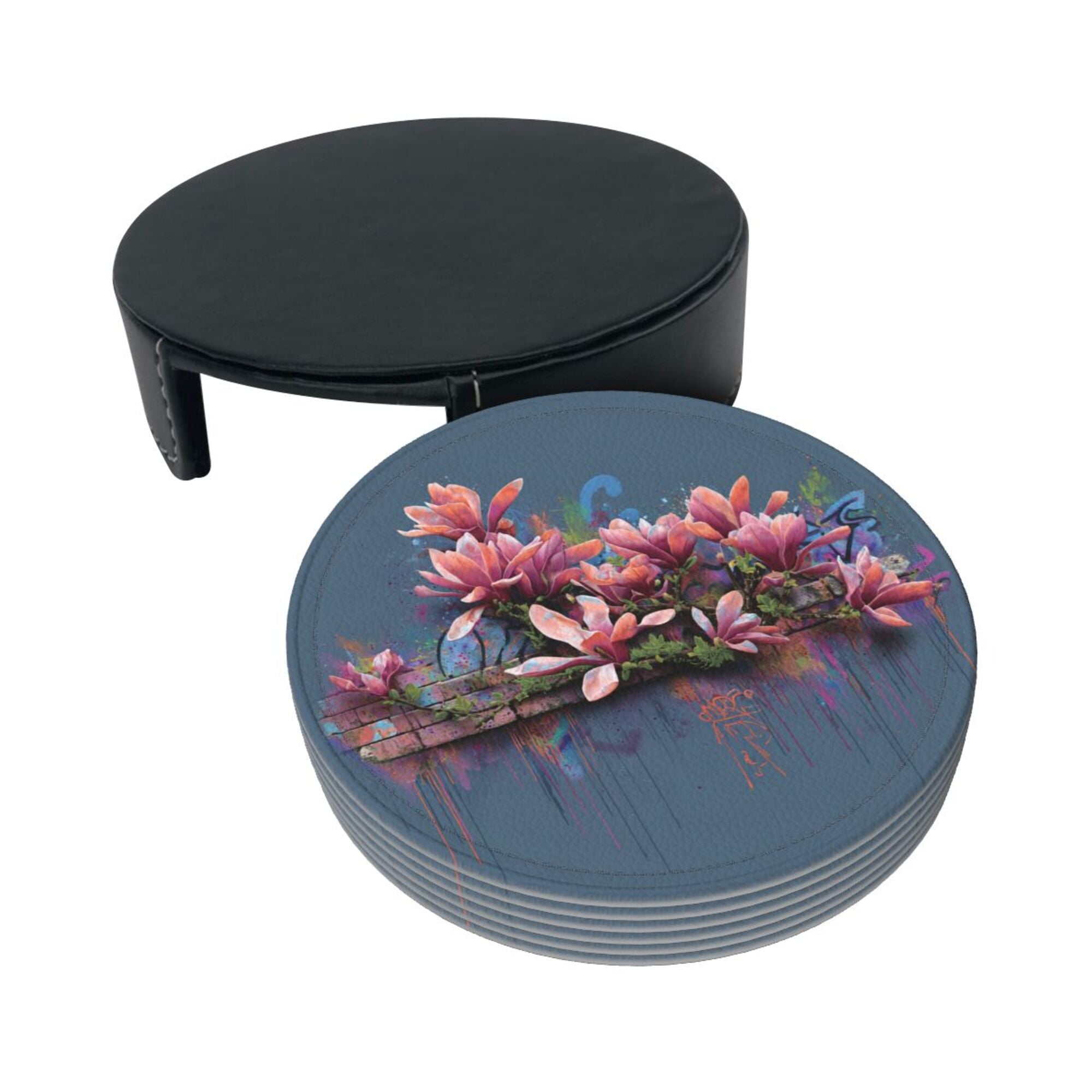 Round Leather Coaster Set of 6 with Artistic Floral Graffiti Design - Includes Storage Base, Heat - Insulation and Anti - Slip Coasters (Diameter 3.9in/10cm)