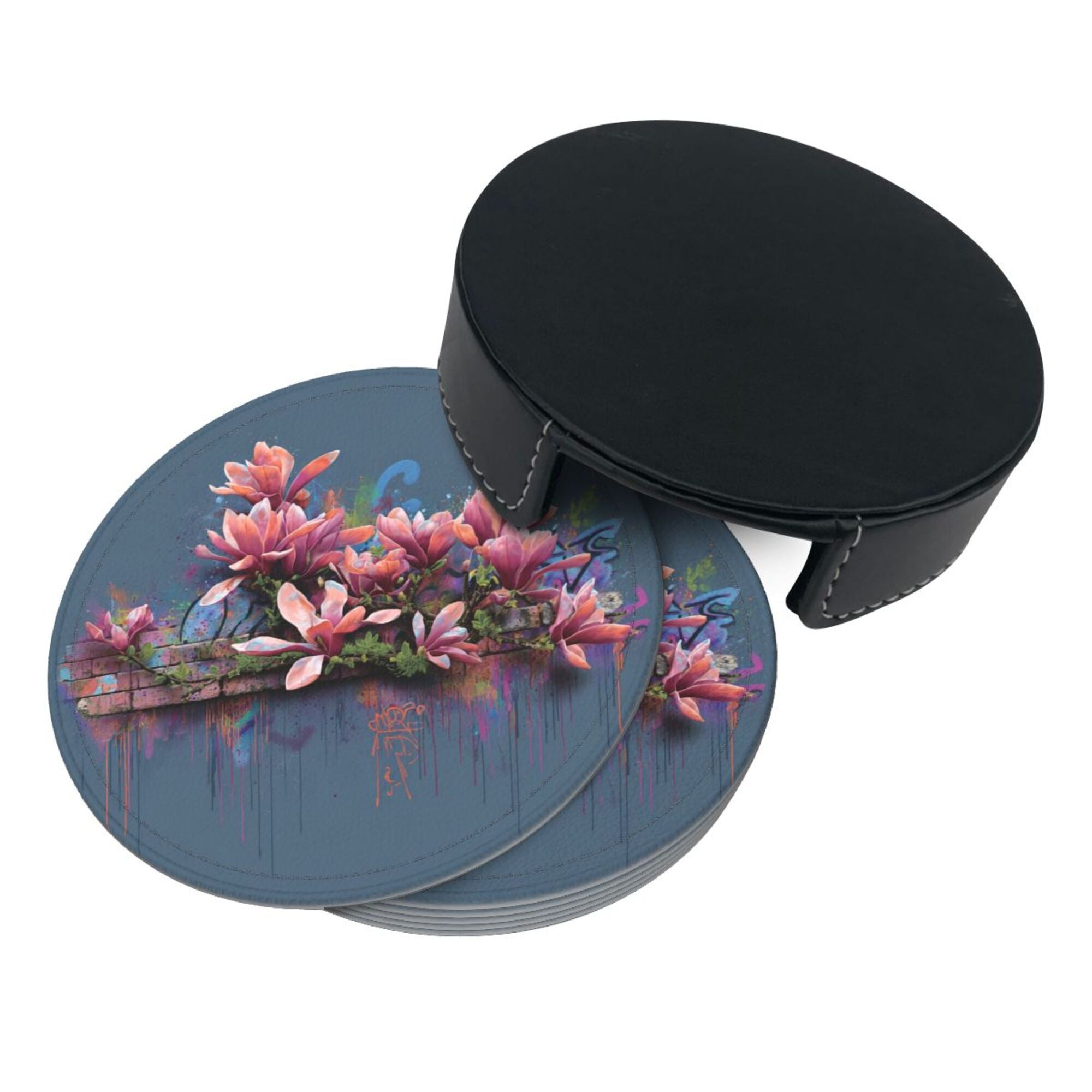 Round Leather Coaster Set of 6 with Artistic Floral Graffiti Design - Includes Storage Base, Heat - Insulation and Anti - Slip Coasters (Diameter 3.9in/10cm)