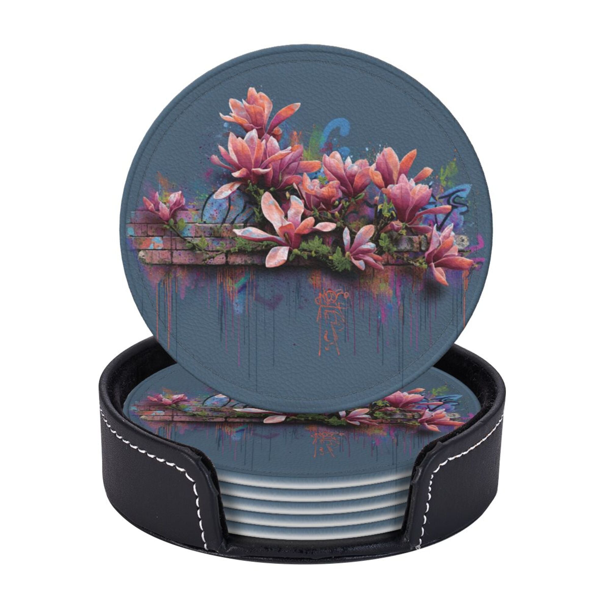 Round Leather Coaster Set of 6 with Artistic Floral Graffiti Design - Includes Storage Base, Heat - Insulation and Anti - Slip Coasters (Diameter 3.9in/10cm)