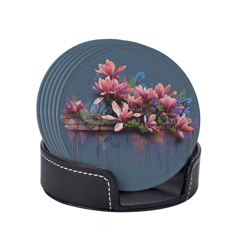 Round Leather Coaster Set of 6 with Artistic Floral Graffiti Design - Includes Storage Base, Heat - Insulation and Anti - Slip Coasters (Diameter 3.9in/10cm)