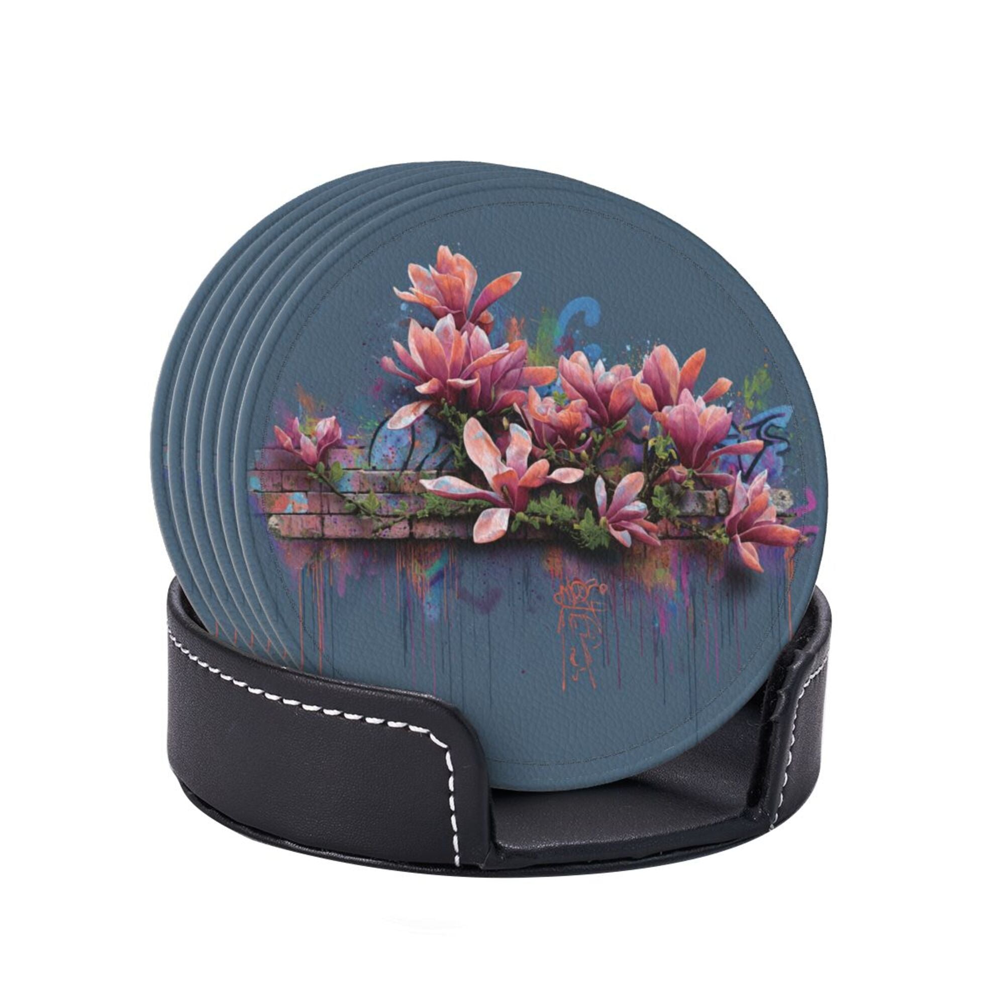 Round Leather Coaster Set of 6 with Artistic Floral Graffiti Design - Includes Storage Base, Heat - Insulation and Anti - Slip Coasters (Diameter 3.9in/10cm)