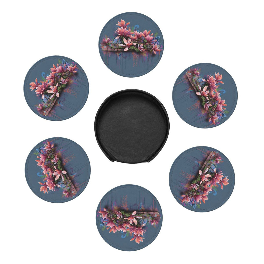 Round Leather Coaster Set of 6 with Artistic Floral Graffiti Design - Includes Storage Base, Heat - Insulation and Anti - Slip Coasters (Diameter 3.9in/10cm)