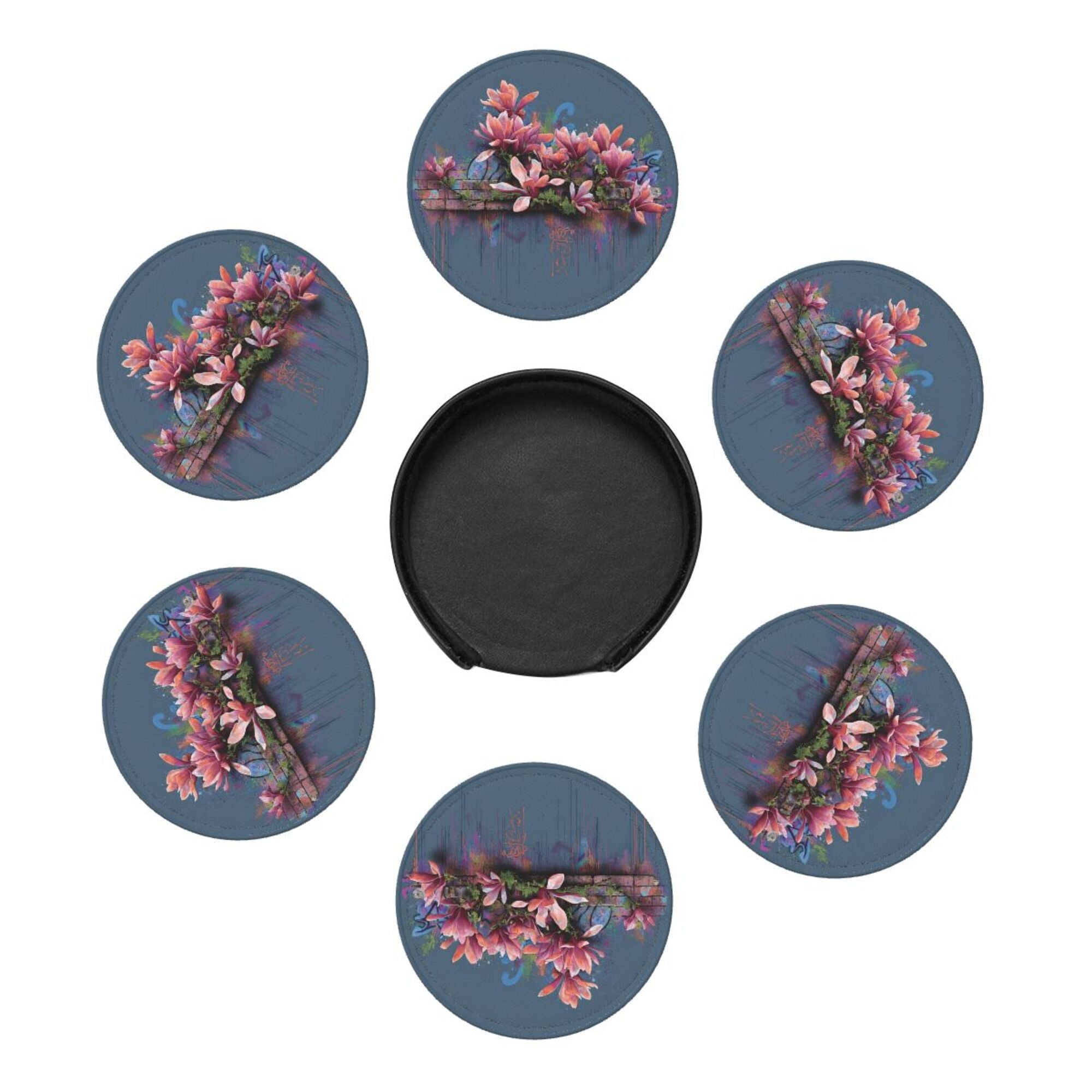 Round Leather Coaster Set of 6 with Artistic Floral Graffiti Design - Includes Storage Base, Heat - Insulation and Anti - Slip Coasters (Diameter 3.9in/10cm)
