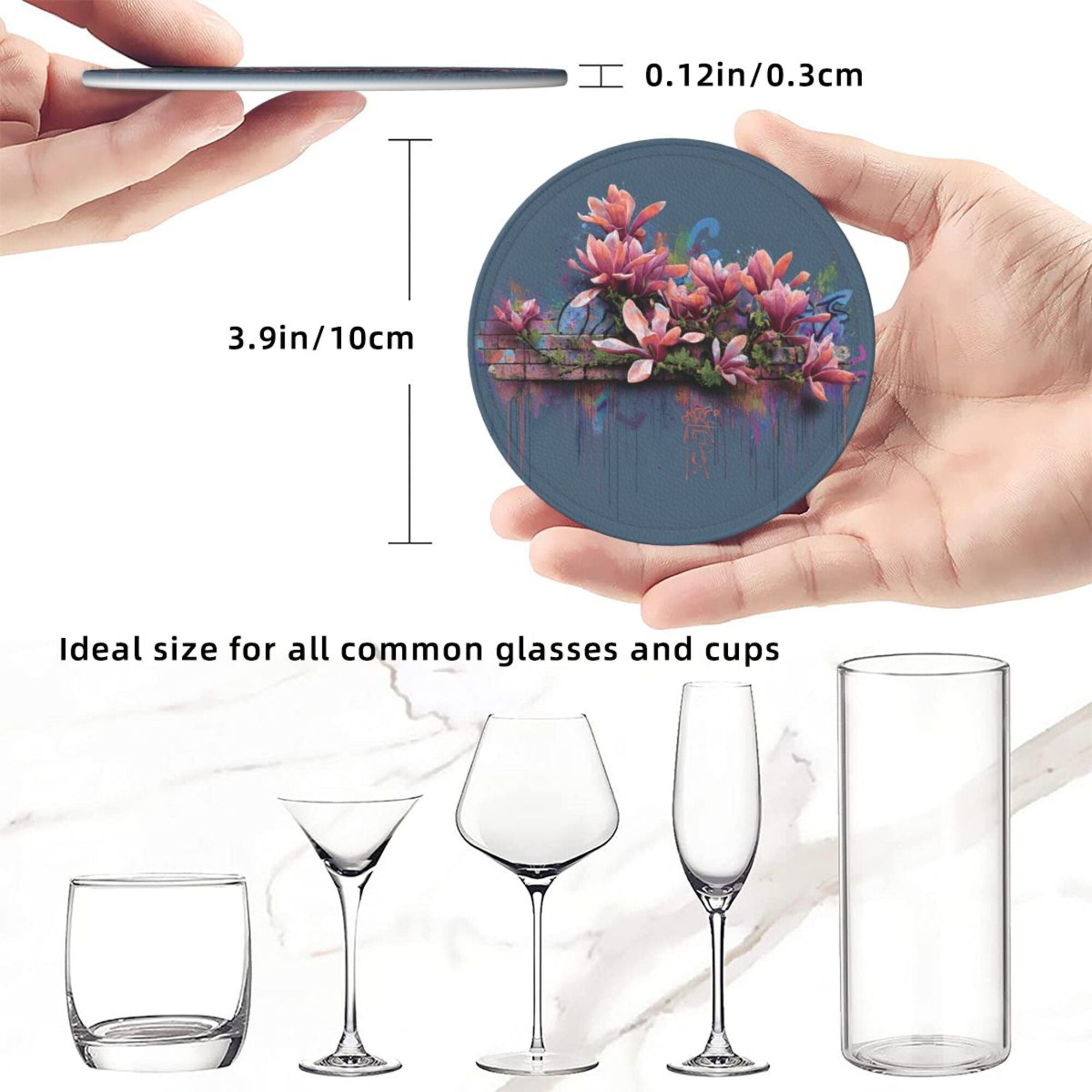 Round Leather Coaster Set of 6 with Artistic Floral Graffiti Design - Includes Storage Base, Heat - Insulation and Anti - Slip Coasters (Diameter 3.9in/10cm)