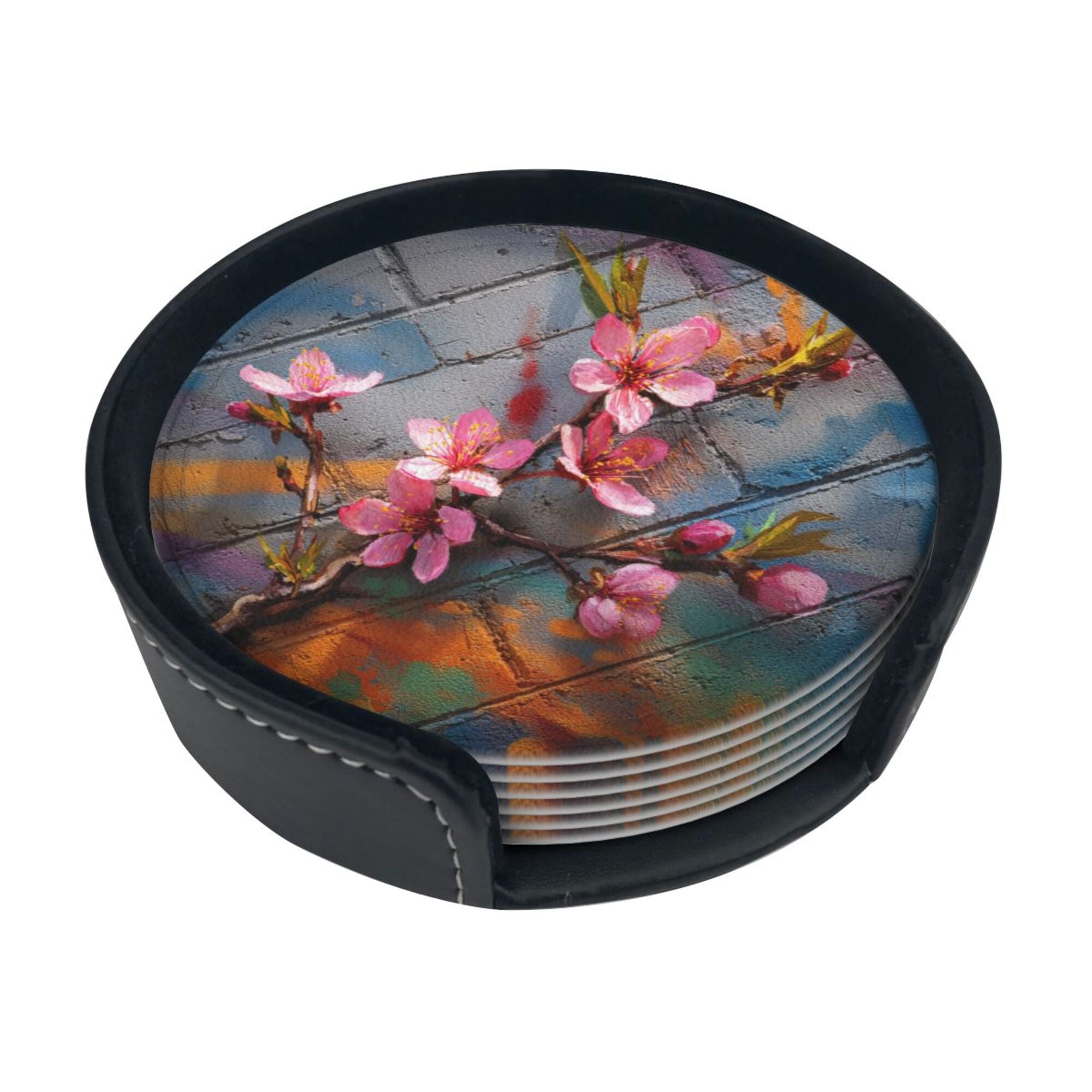 Round Leather Coaster Set of 6 with Peach Blossom Graffiti Brick Wall Design - Includes Storage Base, Heat - Insulation and Anti - Slip Coasters (Diameter 3.9in/10cm)