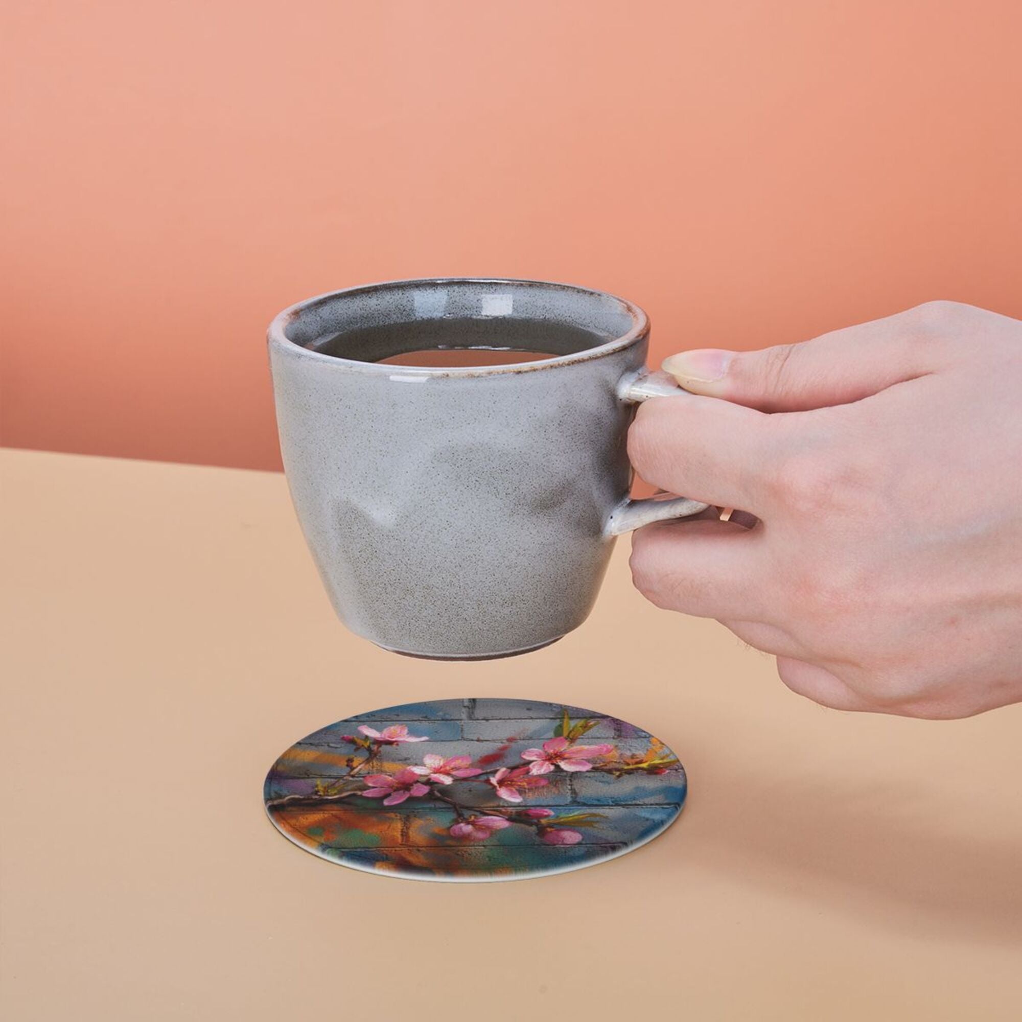Round Leather Coaster Set of 6 with Peach Blossom Graffiti Brick Wall Design - Includes Storage Base, Heat - Insulation and Anti - Slip Coasters (Diameter 3.9in/10cm)