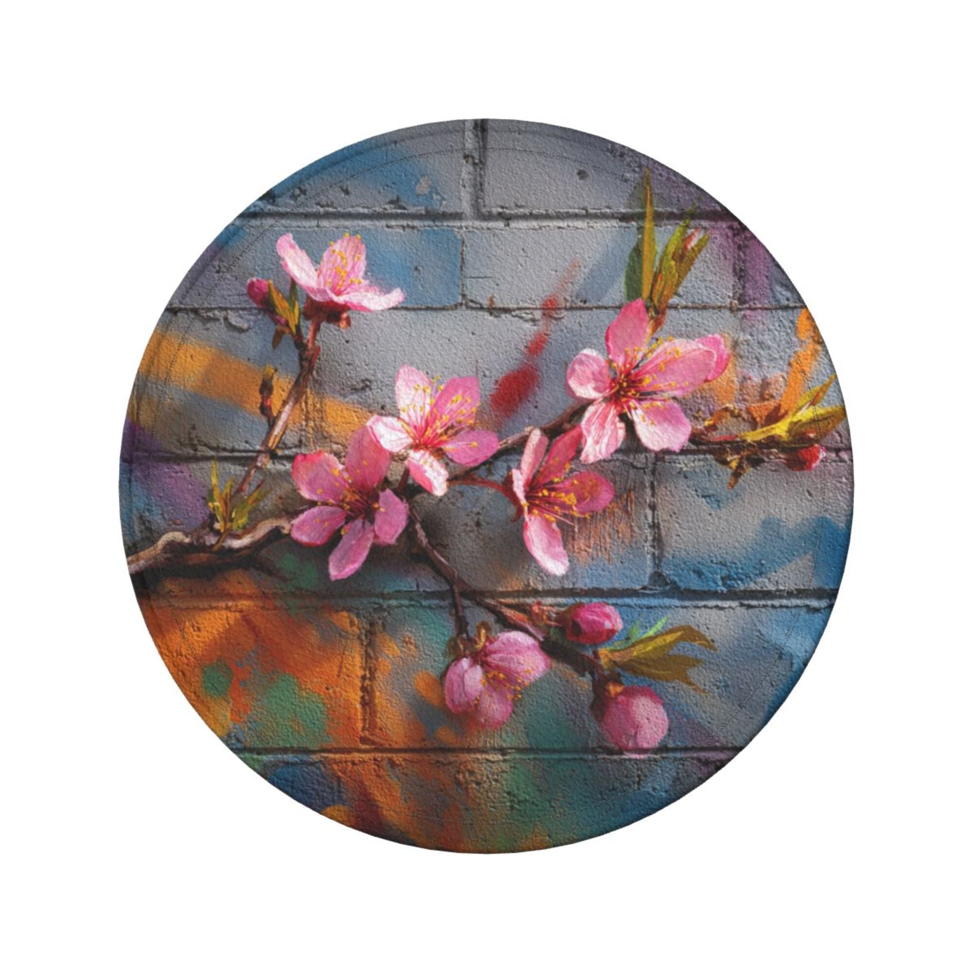 Round Leather Coaster Set of 6 with Peach Blossom Graffiti Brick Wall Design - Includes Storage Base, Heat - Insulation and Anti - Slip Coasters (Diameter 3.9in/10cm)