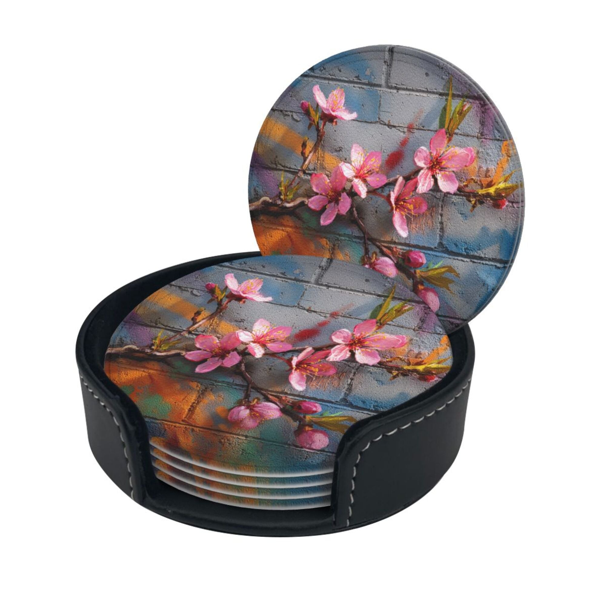Round Leather Coaster Set of 6 with Peach Blossom Graffiti Brick Wall Design - Includes Storage Base, Heat - Insulation and Anti - Slip Coasters (Diameter 3.9in/10cm)