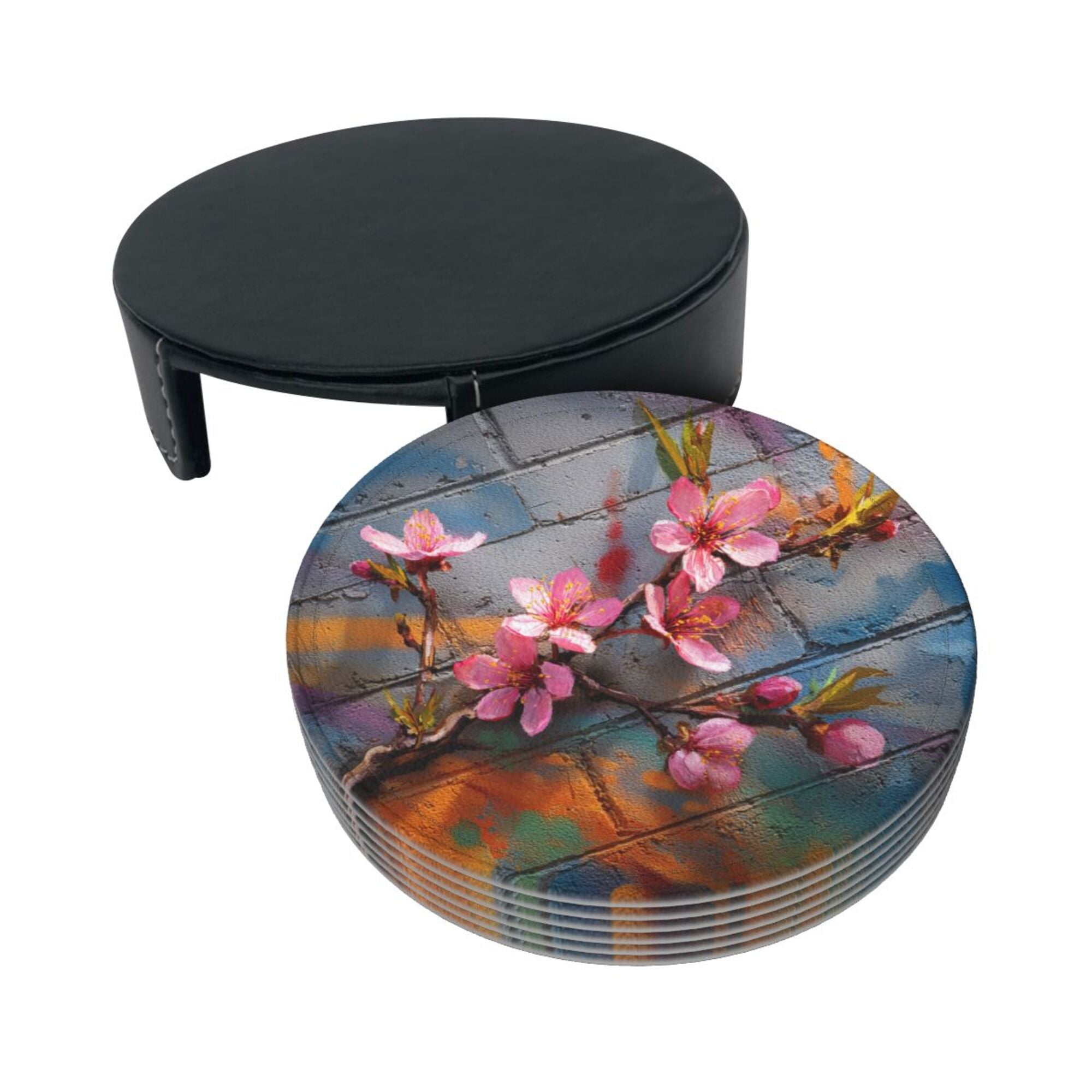Round Leather Coaster Set of 6 with Peach Blossom Graffiti Brick Wall Design - Includes Storage Base, Heat - Insulation and Anti - Slip Coasters (Diameter 3.9in/10cm)